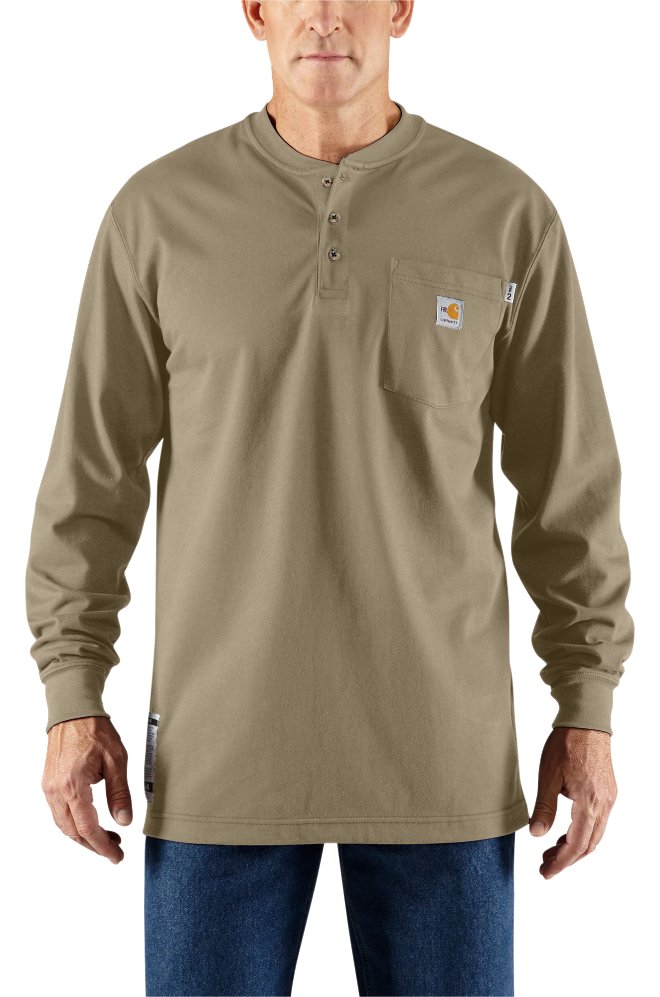Image of Carhartt Flame-Resistant Carhartt Force Cotton Henley for Men - Khaki