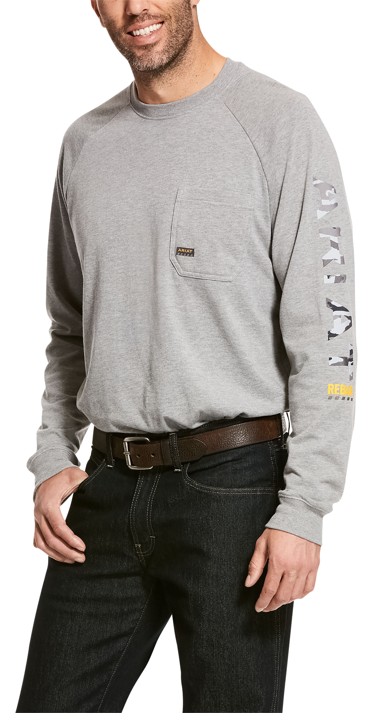 Image of Ariat Rebar CottonStrong Graphic Long-Sleeve Pocket T-Shirt for Men - Heather Gray - M