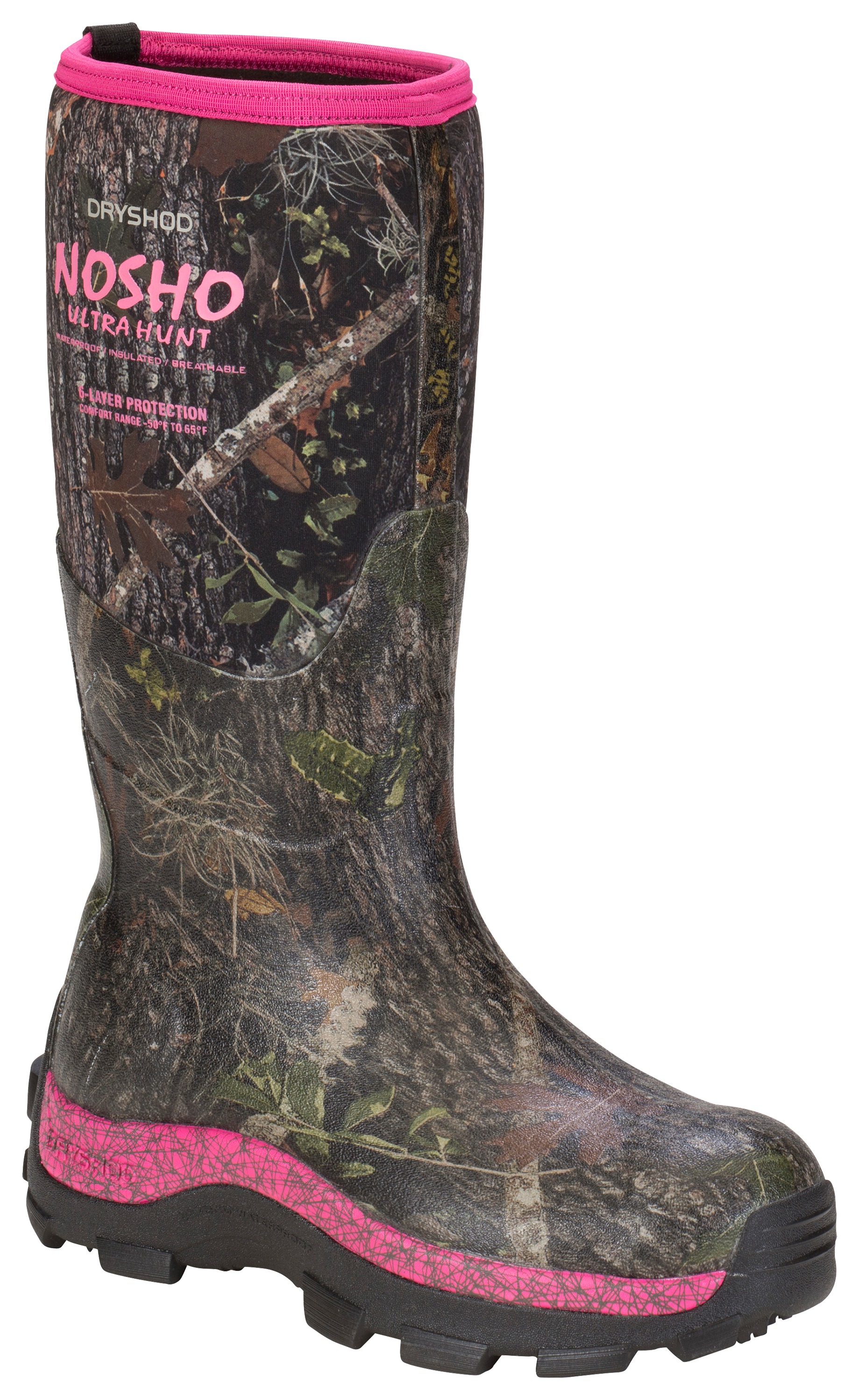 Image of Dryshod NOSHO Ultra Hunt Cold-Conditions Rubber Boots for Ladies - Pink Camo - 8M