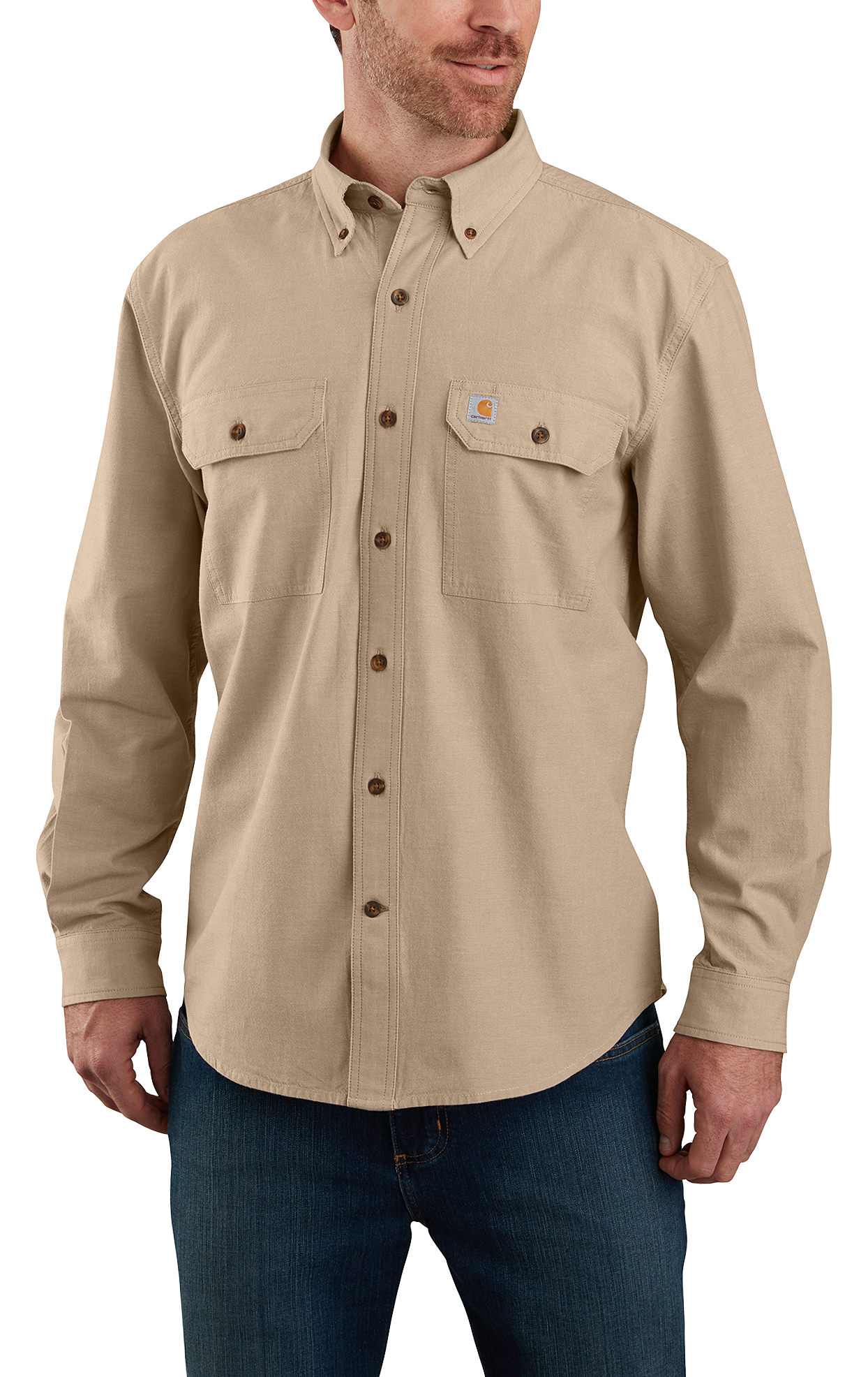 Image of Carhartt Loose Fit Midweight Chambray Long-Sleeve Shirt for Men - Dark Tan Chambray
