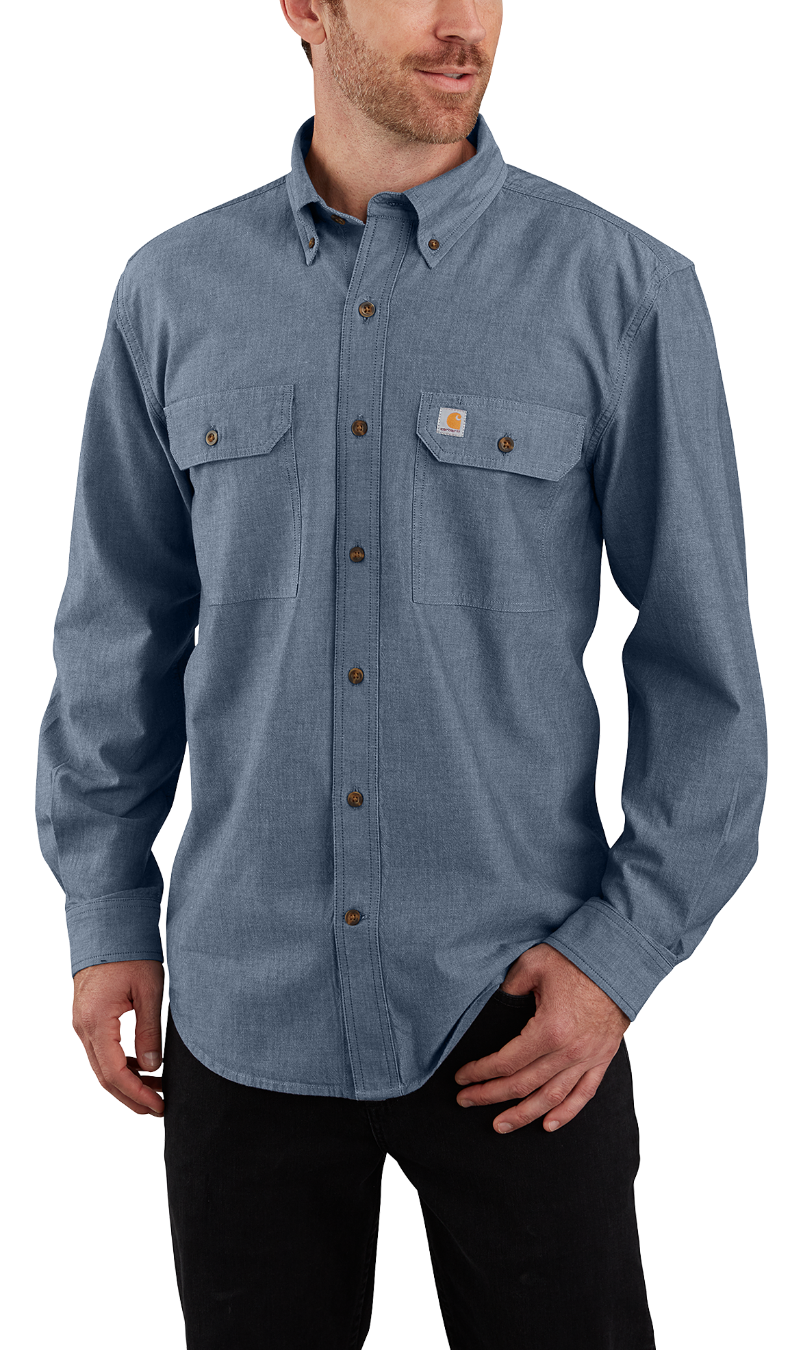 Image of Carhartt Loose Fit Midweight Chambray Long-Sleeve Shirt for Men - Denim Blue Chambray