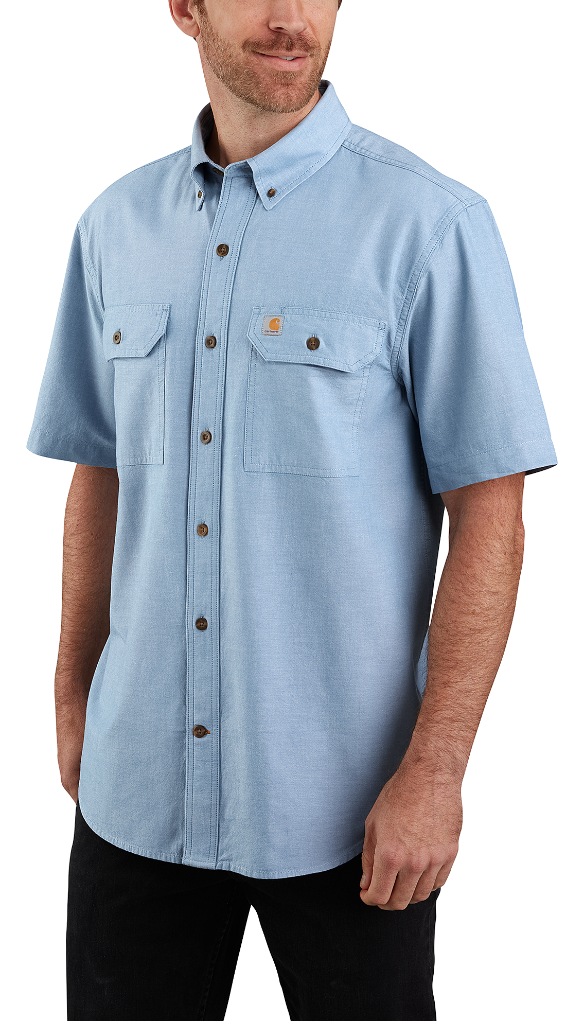 Image of Carhartt Loose-Fit Midweight Chambray Button-Front Short-Sleeve Shirt for Men - Blue Chambray - XLT