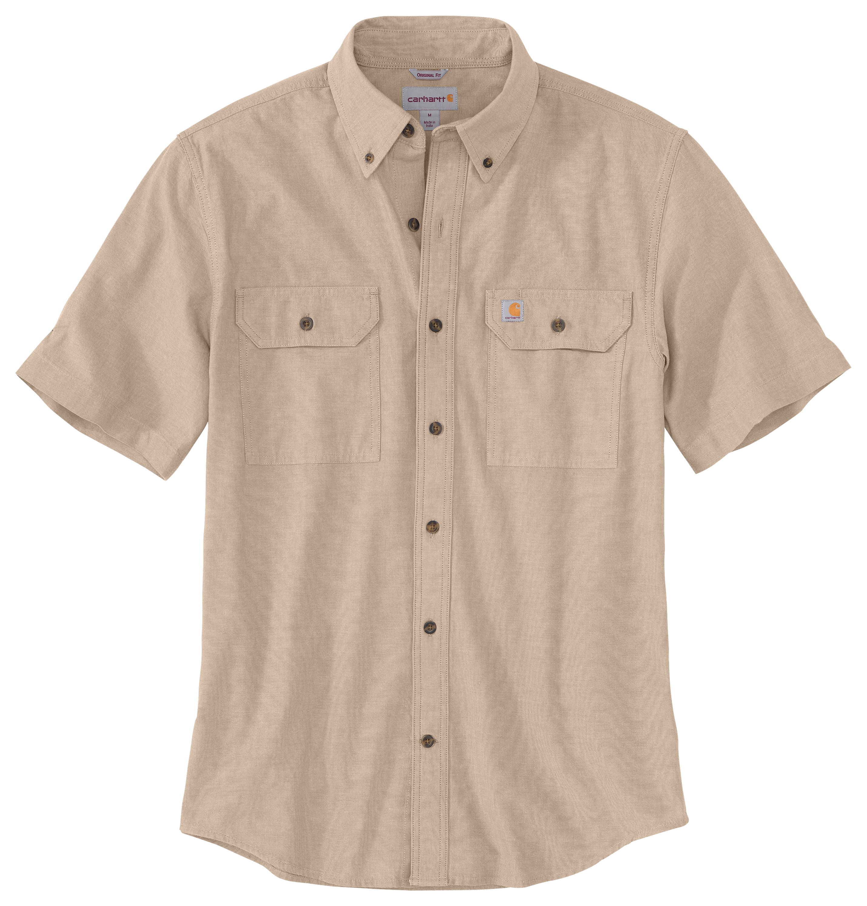 Image of Carhartt Loose-Fit Midweight Chambray Button-Front Short-Sleeve Shirt for Men - Dark Tan Chambray