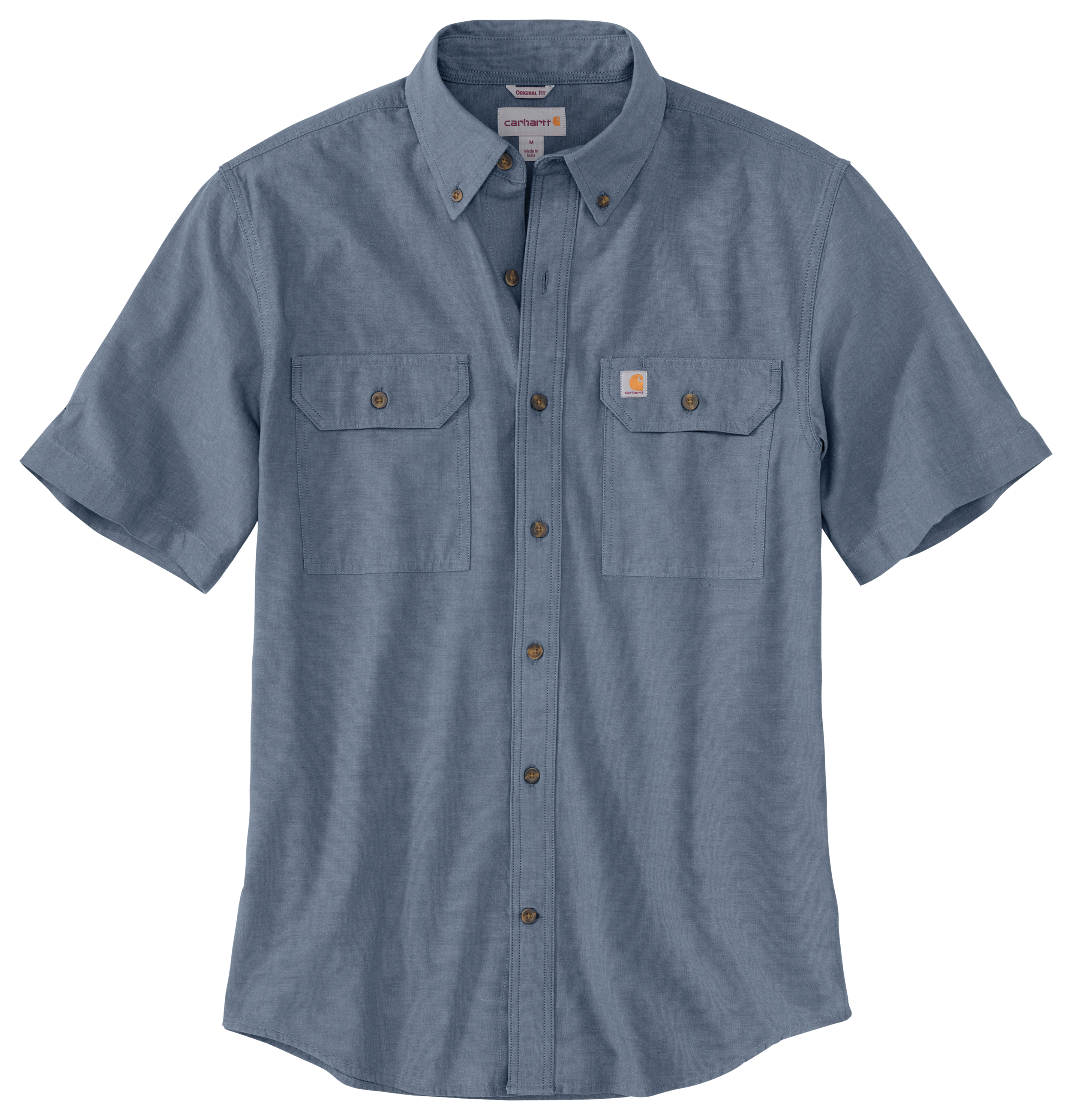 Image of Carhartt Loose-Fit Midweight Chambray Button-Front Short-Sleeve Shirt for Men - Denim Blue Chambray - S