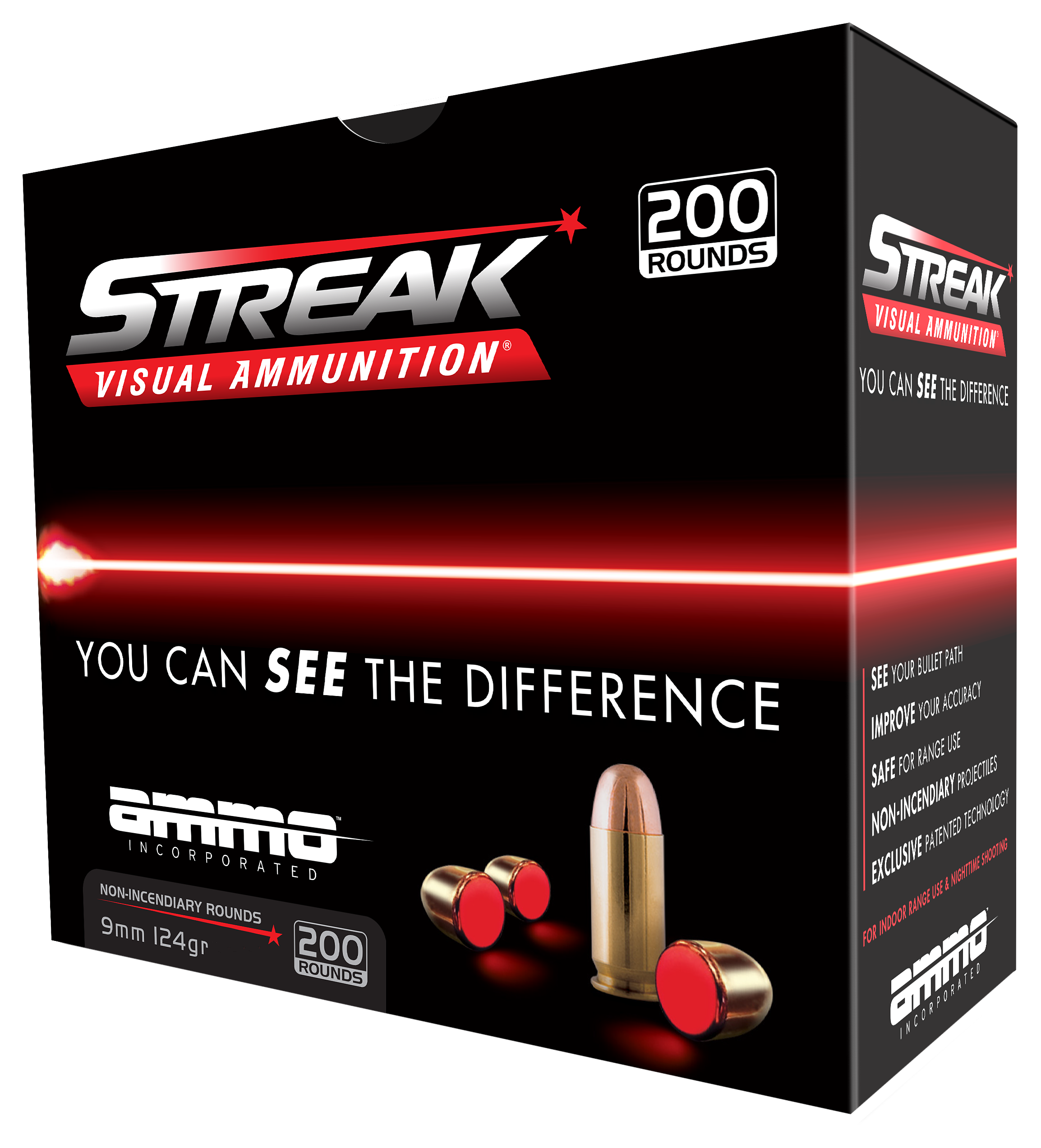 Image of Ammo Inc. Streak Visual 9mm Luger 124 Grain Jacketed Hollow Point 1017 fps Centerfire Handgun Ammo