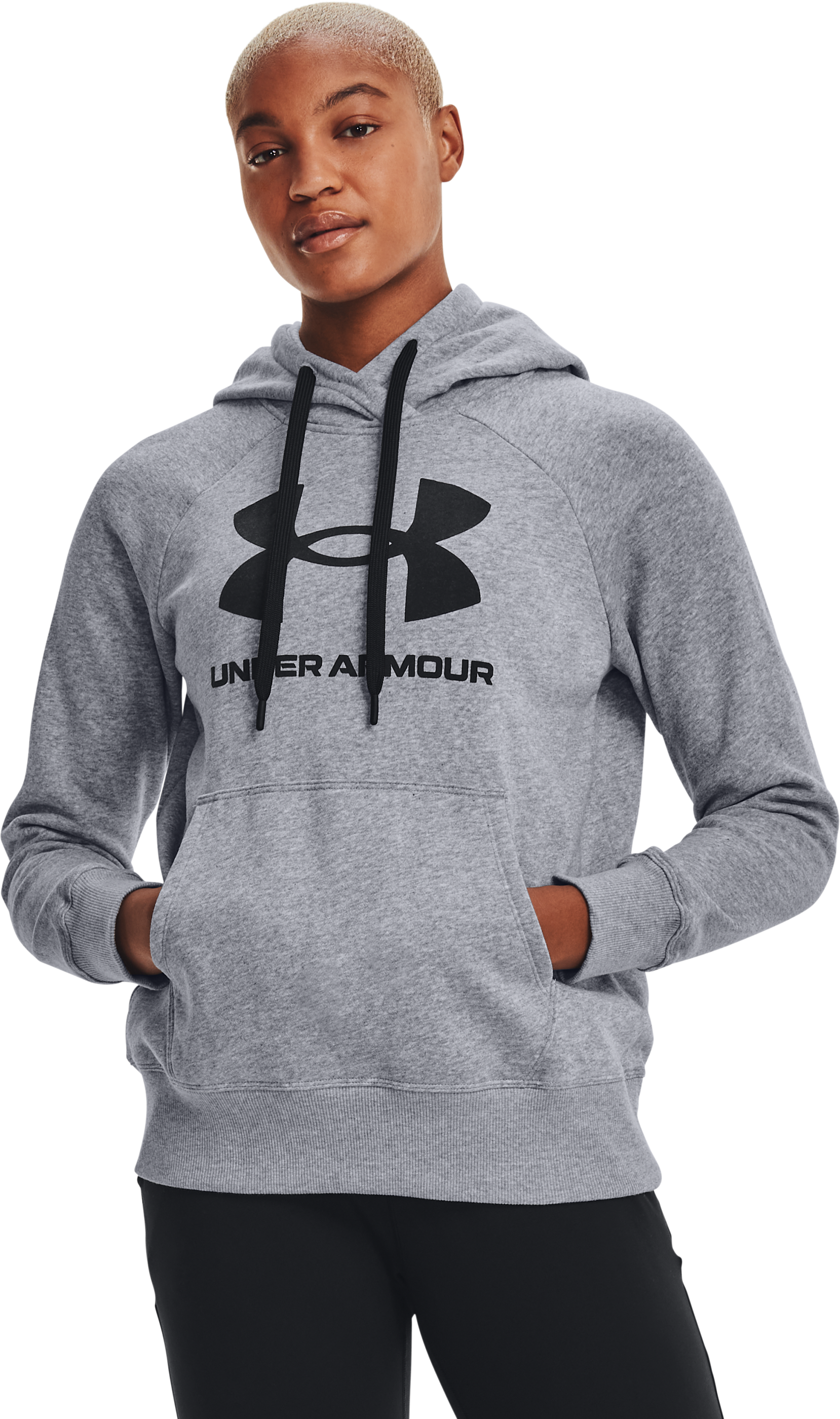 Image of Under Armour Rival Fleece Logo Raglan Long-Sleeve Hoodie for Ladies - Steel Medium Heather/Black - M