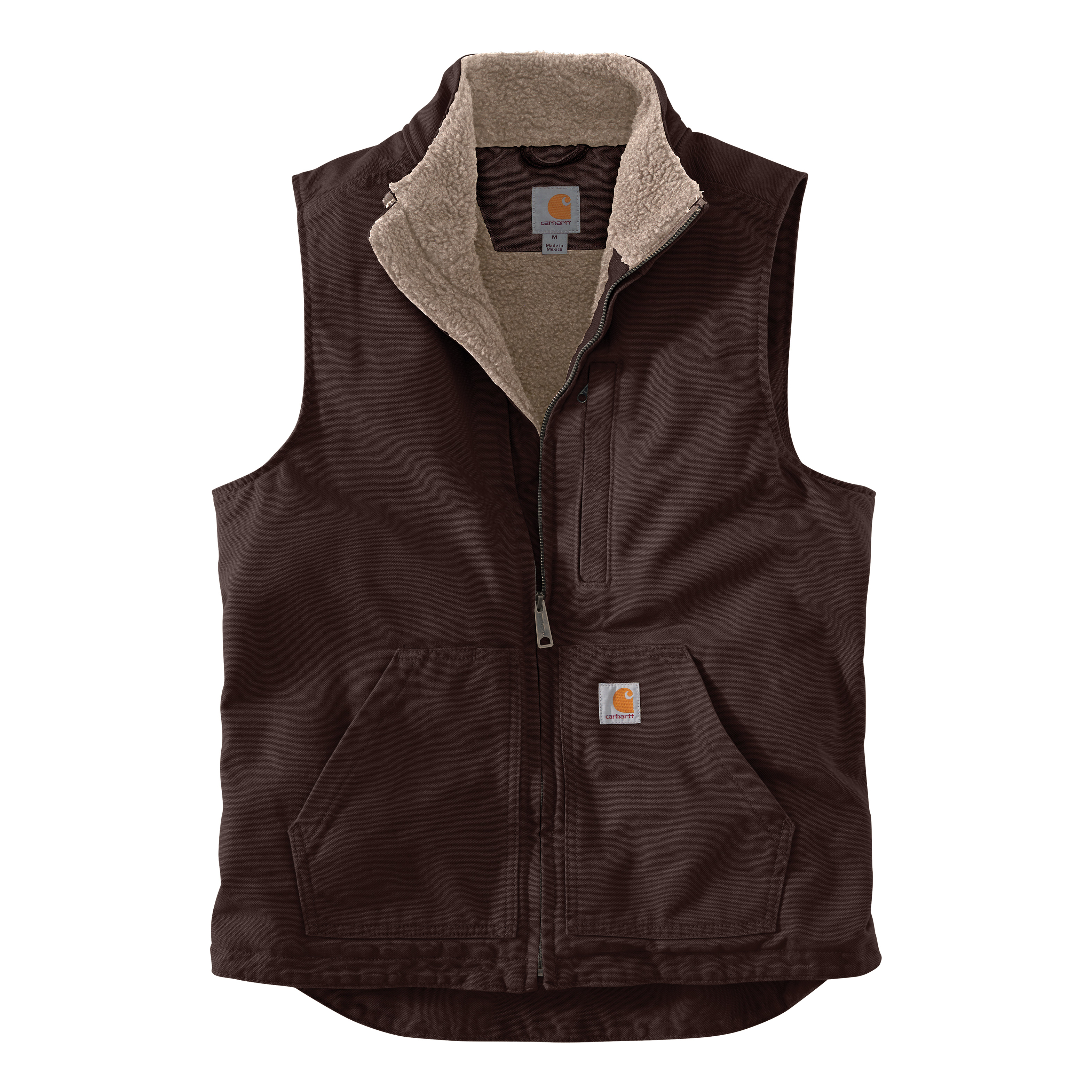 Image of Carhartt Loose Fit Washed Duck Sherpa-Lined Mock Vest for Men - Dark Brown - M