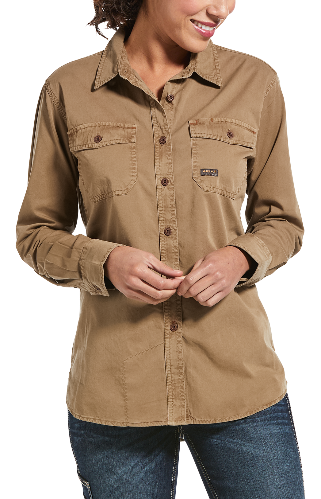 Ariat Women's Rebar Washed Twill Long Sleeve Work Shirt, Khaki, XL