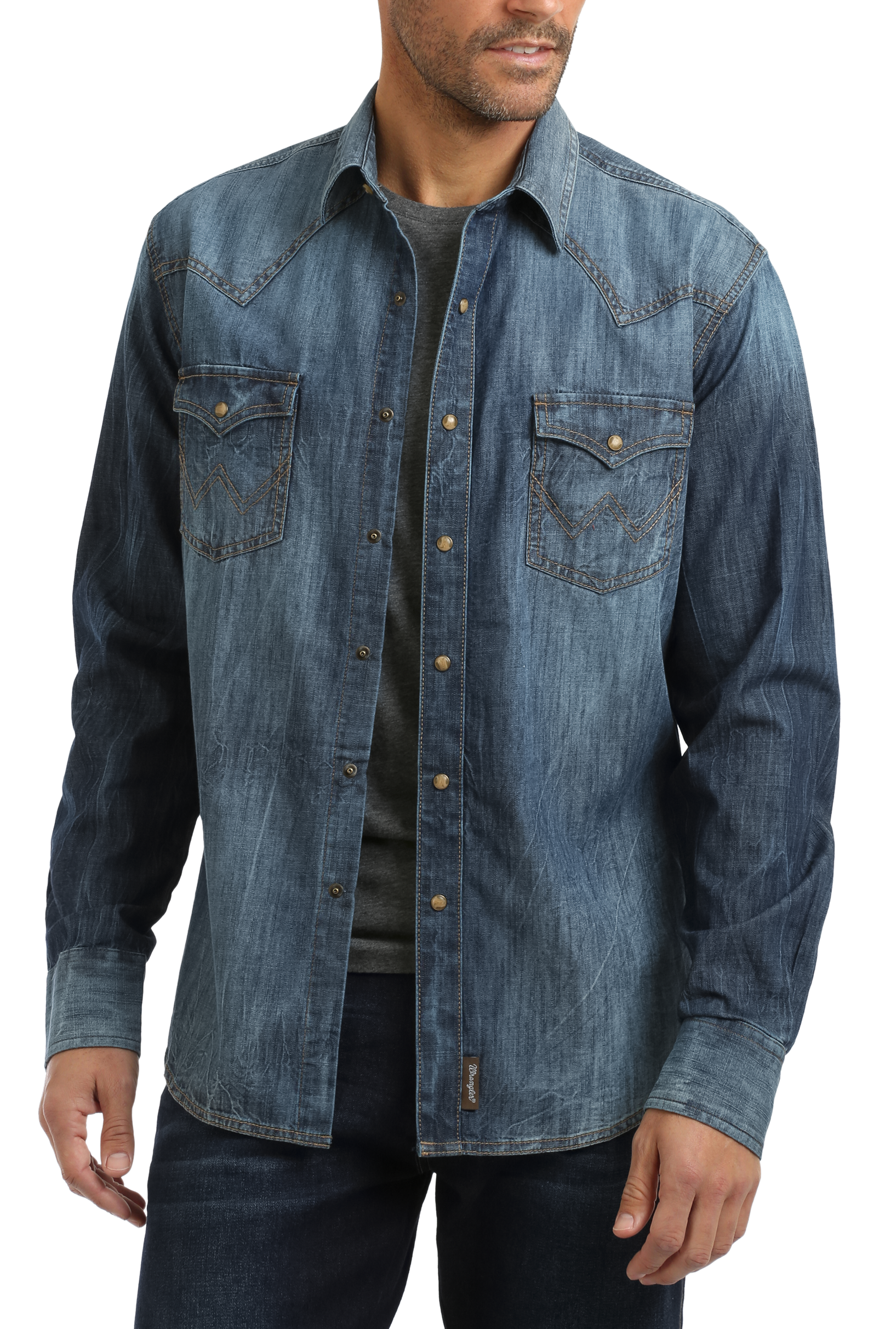 WRANGLER Retro Blue Denim Long-Sleeve Western Shirt for Men