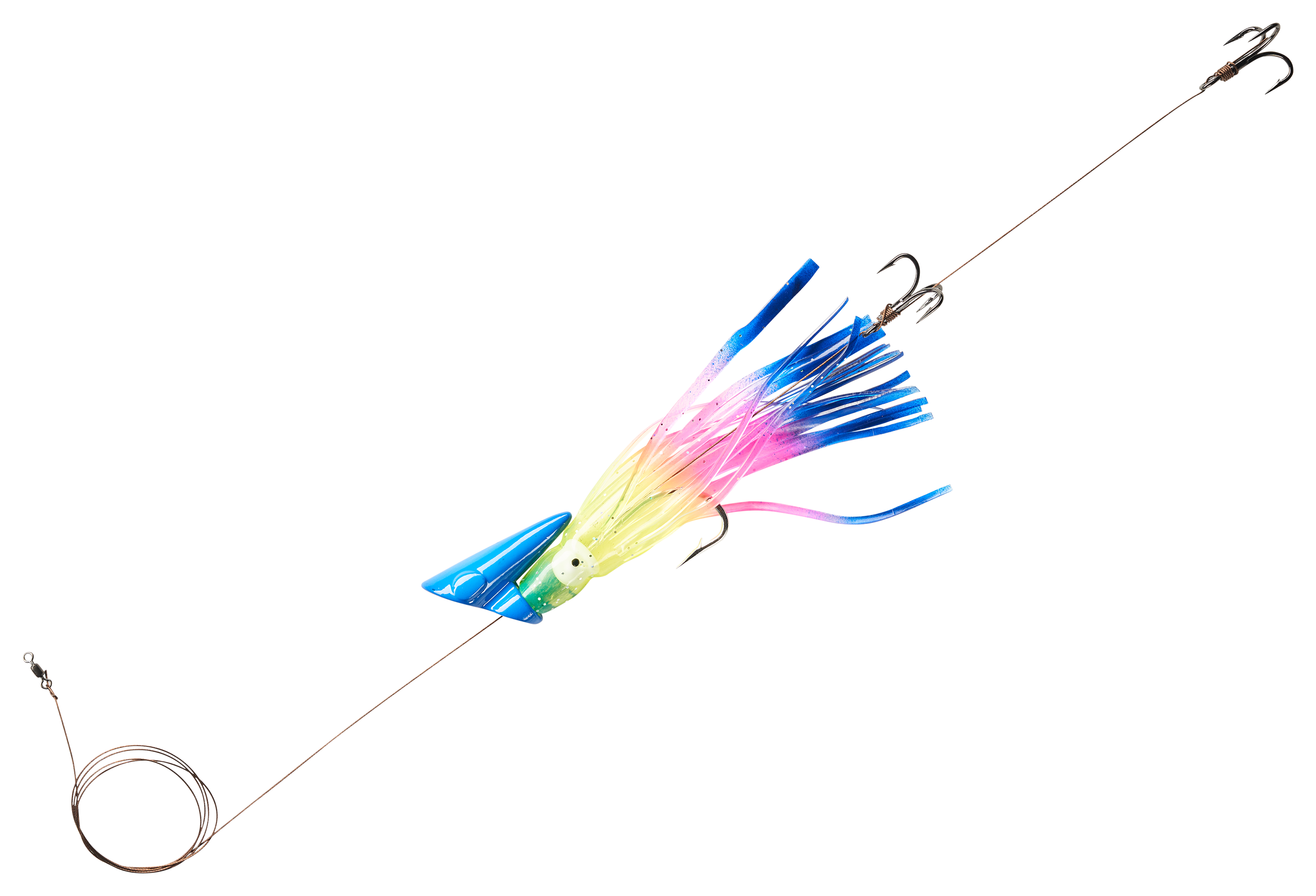 Image of "Big Nic Fishing Rigged Mac-A-Hoo Plug - Blue Head-Rainbow - 5"""