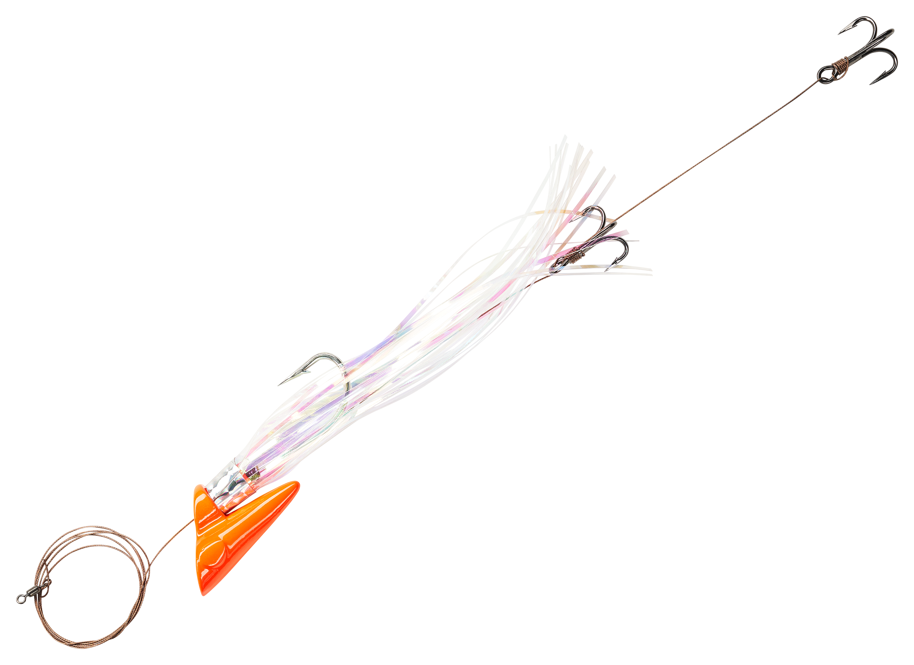 Image of "Big Nic Fishing Rigged Mac-A-Hoo Plug - Orange Head-Pearl Mylar - 5"""