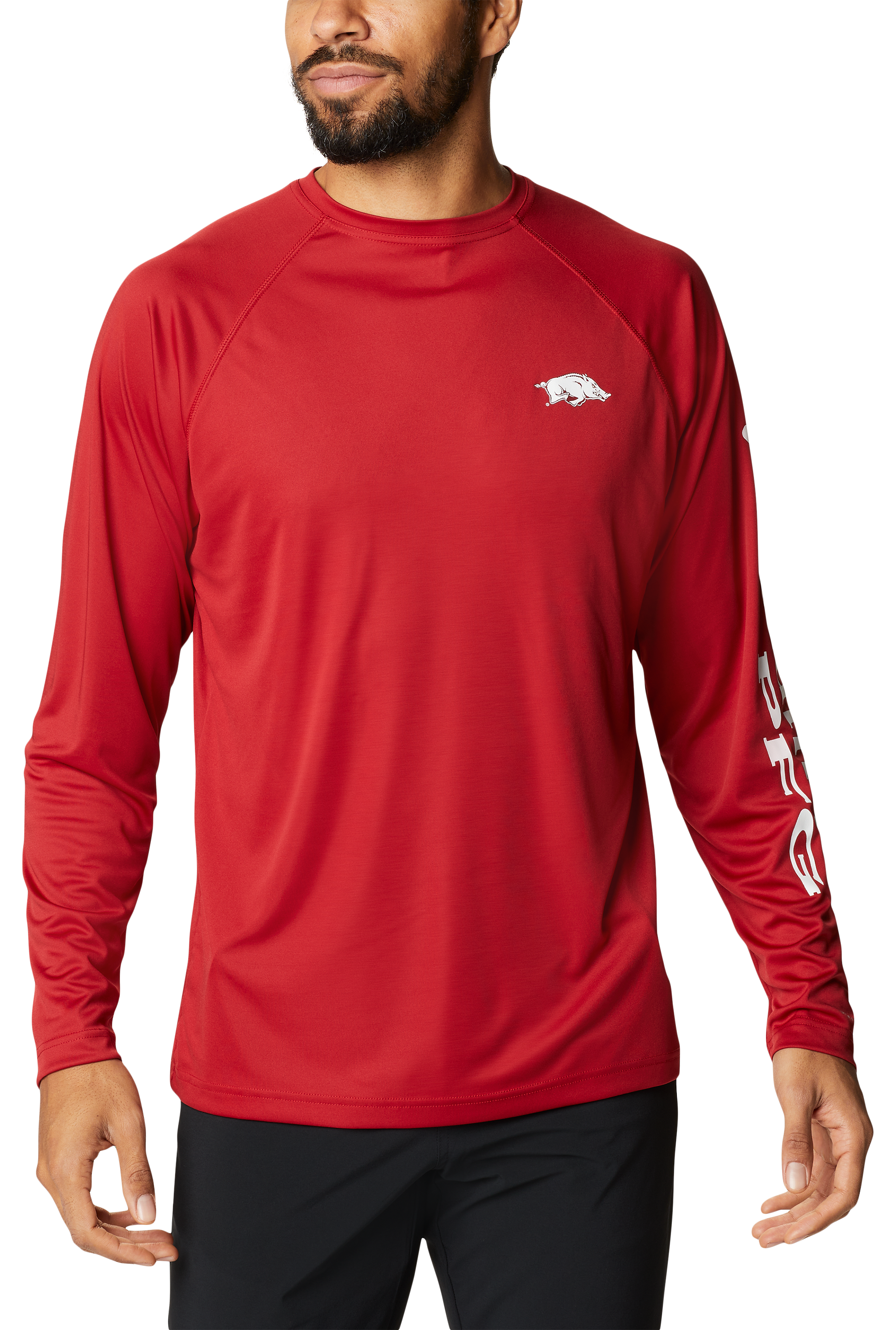 Image of Columbia Collegiate PFG Terminal Tackle Long-Sleeve Shirt for Men - University of Arkansas/Red Velvet - XL