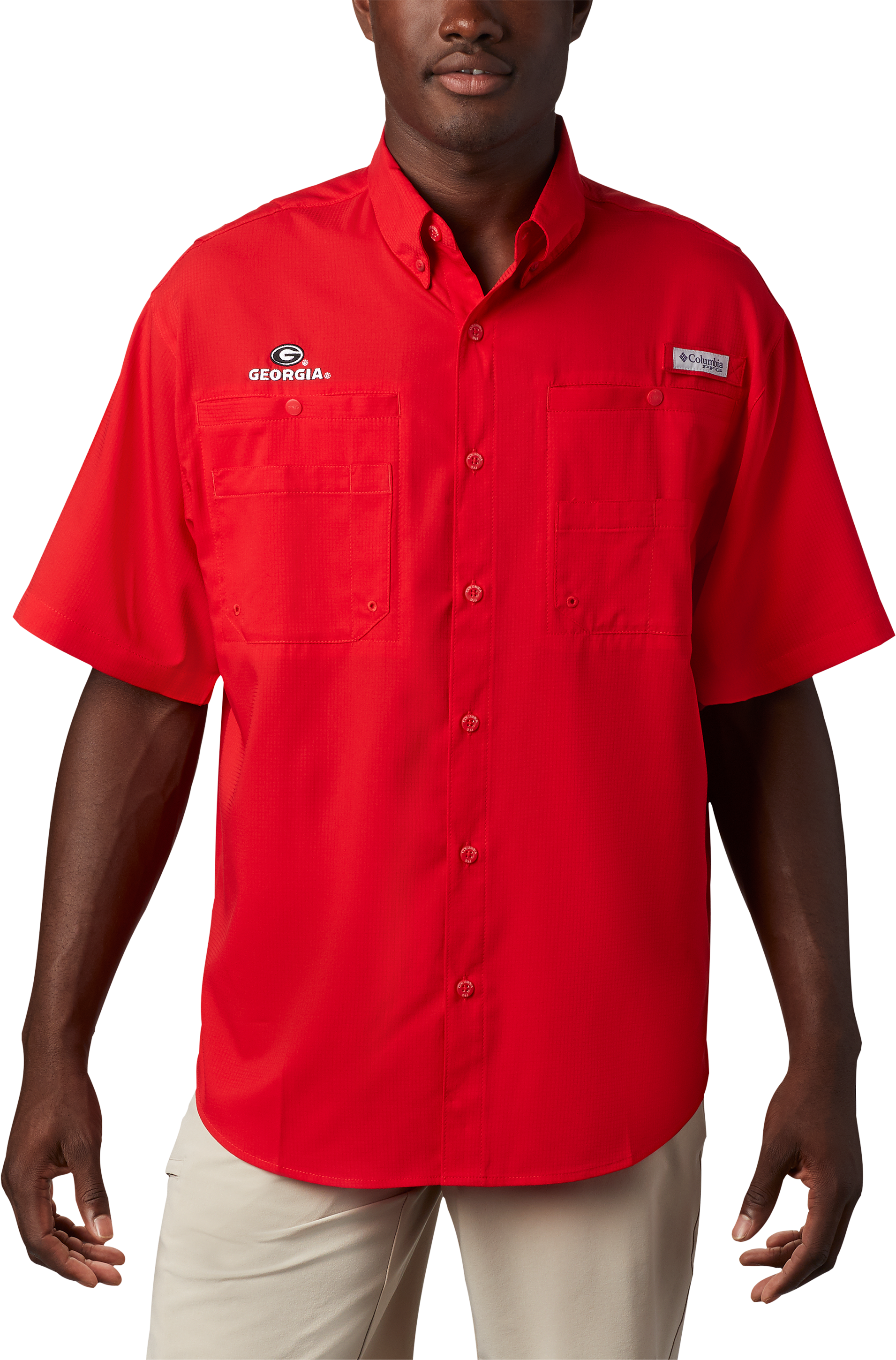 Image of Columbia Collegiate PFG Tamiami Short-Sleeve Shirt for Men - Bright Red/University of Georgia - S
