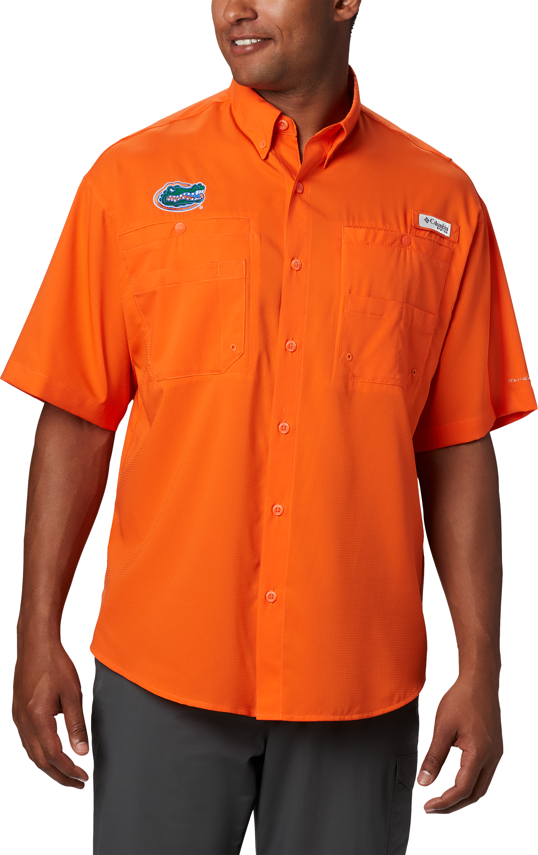 Image of Columbia Collegiate PFG Tamiami Short-Sleeve Shirt for Men - Spark Orange/University of Florida - S