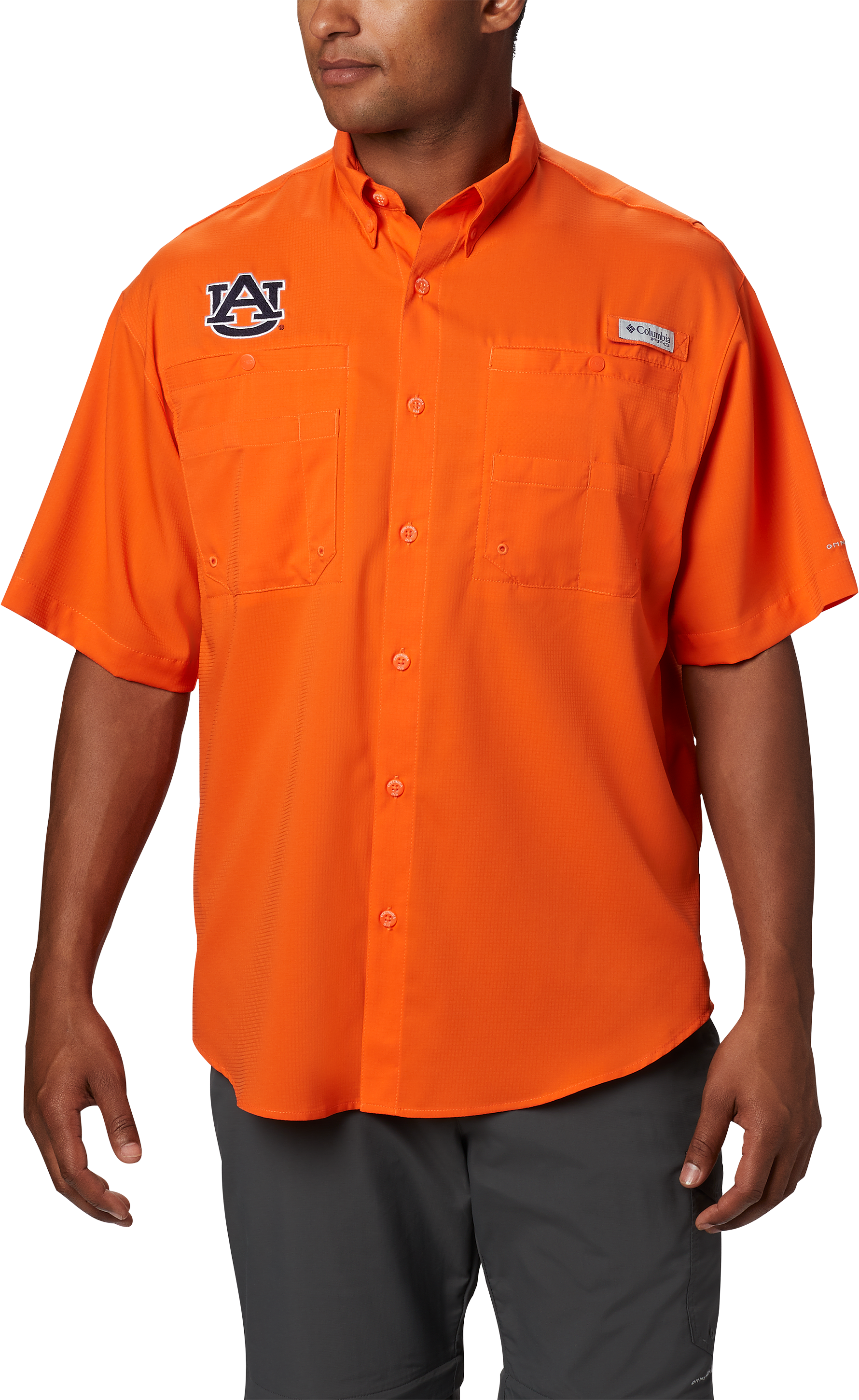 Image of Columbia Collegiate PFG Tamiami Short-Sleeve Shirt for Men - Spark Orange/Auburn University - S