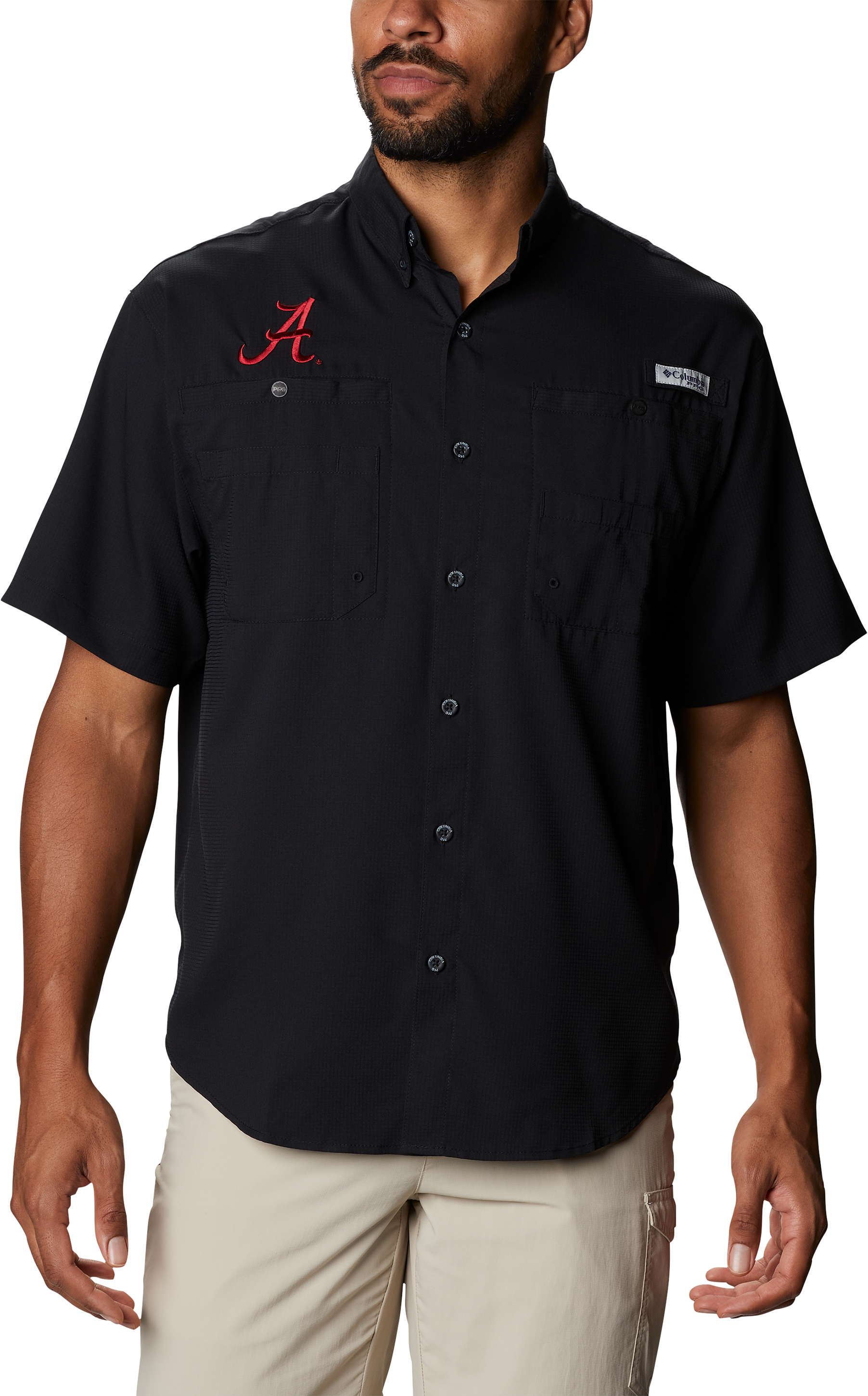 Image of Columbia Collegiate PFG Tamiami Short-Sleeve Shirt for Men - Black/University of Alabama - S
