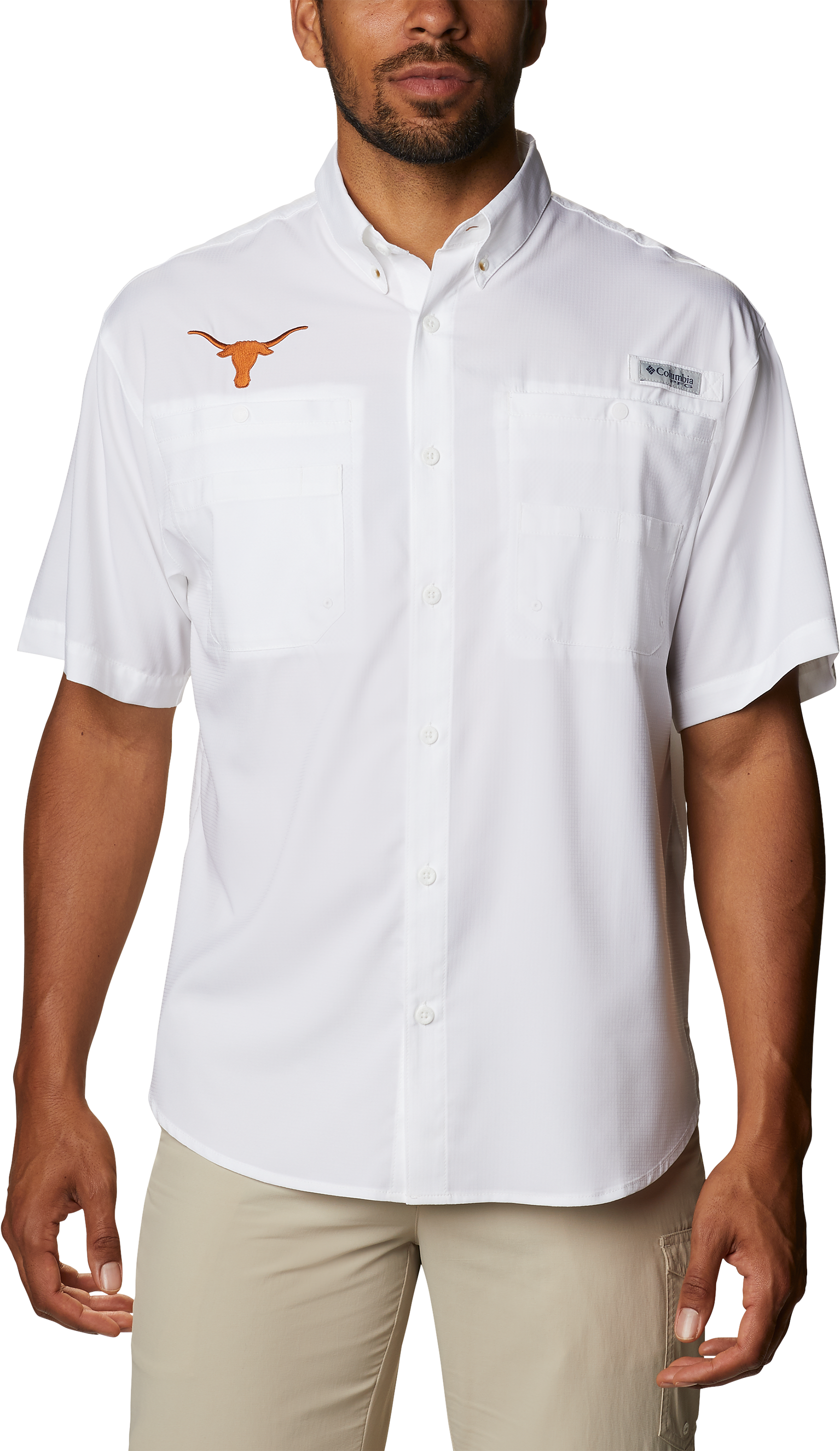 Image of Columbia Collegiate PFG Tamiami Short-Sleeve Shirt for Men - White/University of Texas