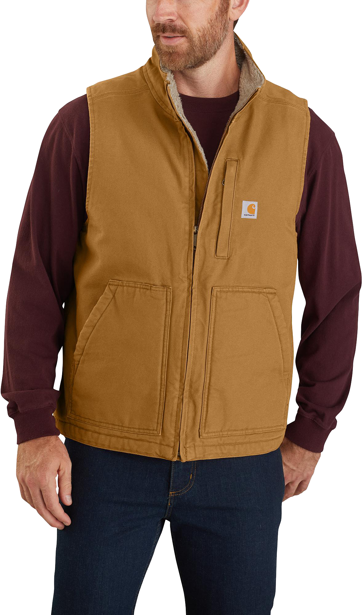 Image of Carhartt Loose Fit Washed Duck Sherpa-Lined Mock Vest for Men - Carhartt Brown - 2XL