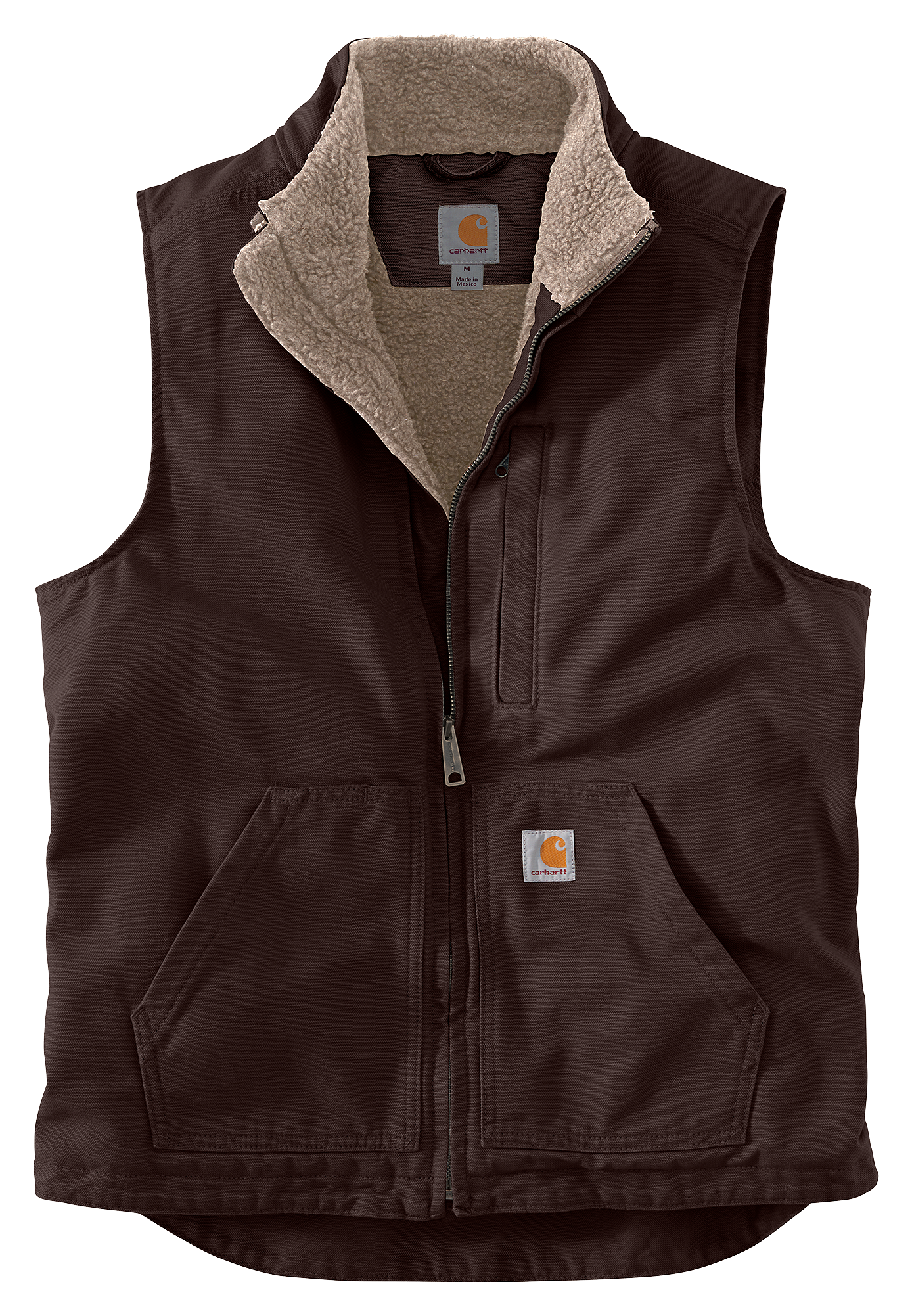 Image of Carhartt Loose Fit Washed Duck Sherpa-Lined Mock Vest for Men - Dark Brown