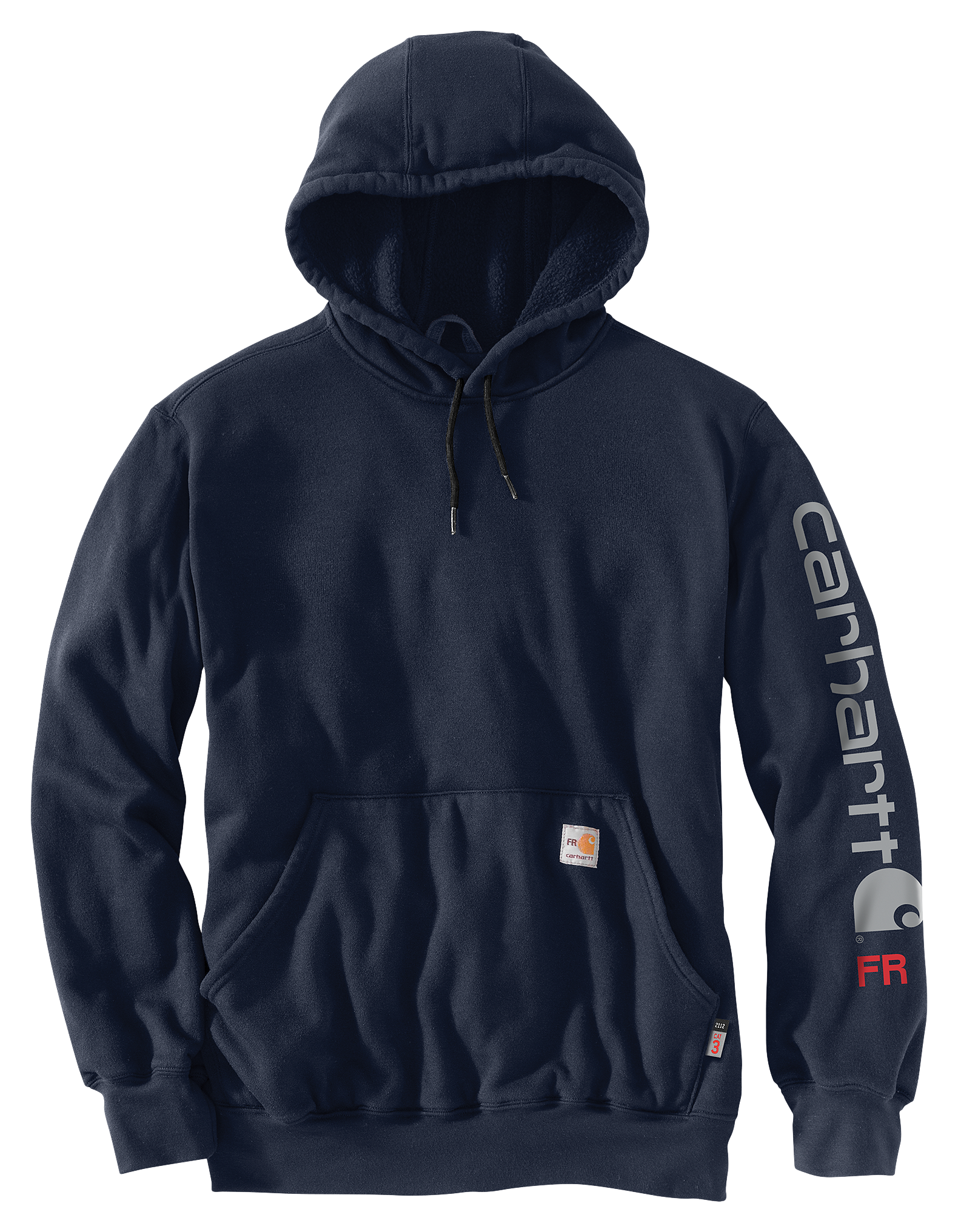 Image of Carhartt Force Flame-Resistant Loose-Fit Midweight Logo Graphic Long-Sleeve Hoodie for Men - Navy