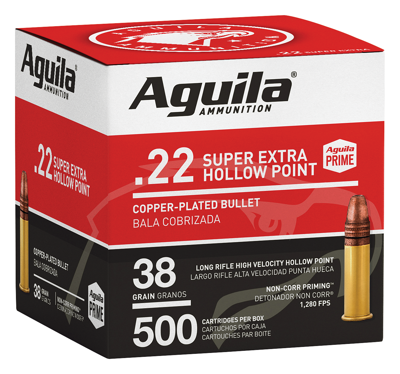 Aguila Prime Super Extra Copper-Plated High-Velocity Hollow Point 500-Count Ammo - .22 Long Rifle - 38 Grain