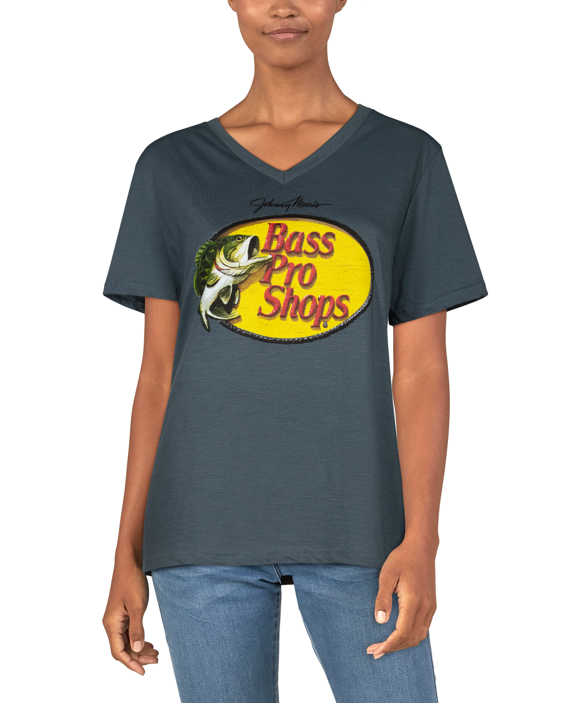 Bass Pro Shops Woodcut V-Neck Short-Sleeve T-Shirt for Ladies - Charcoal - S