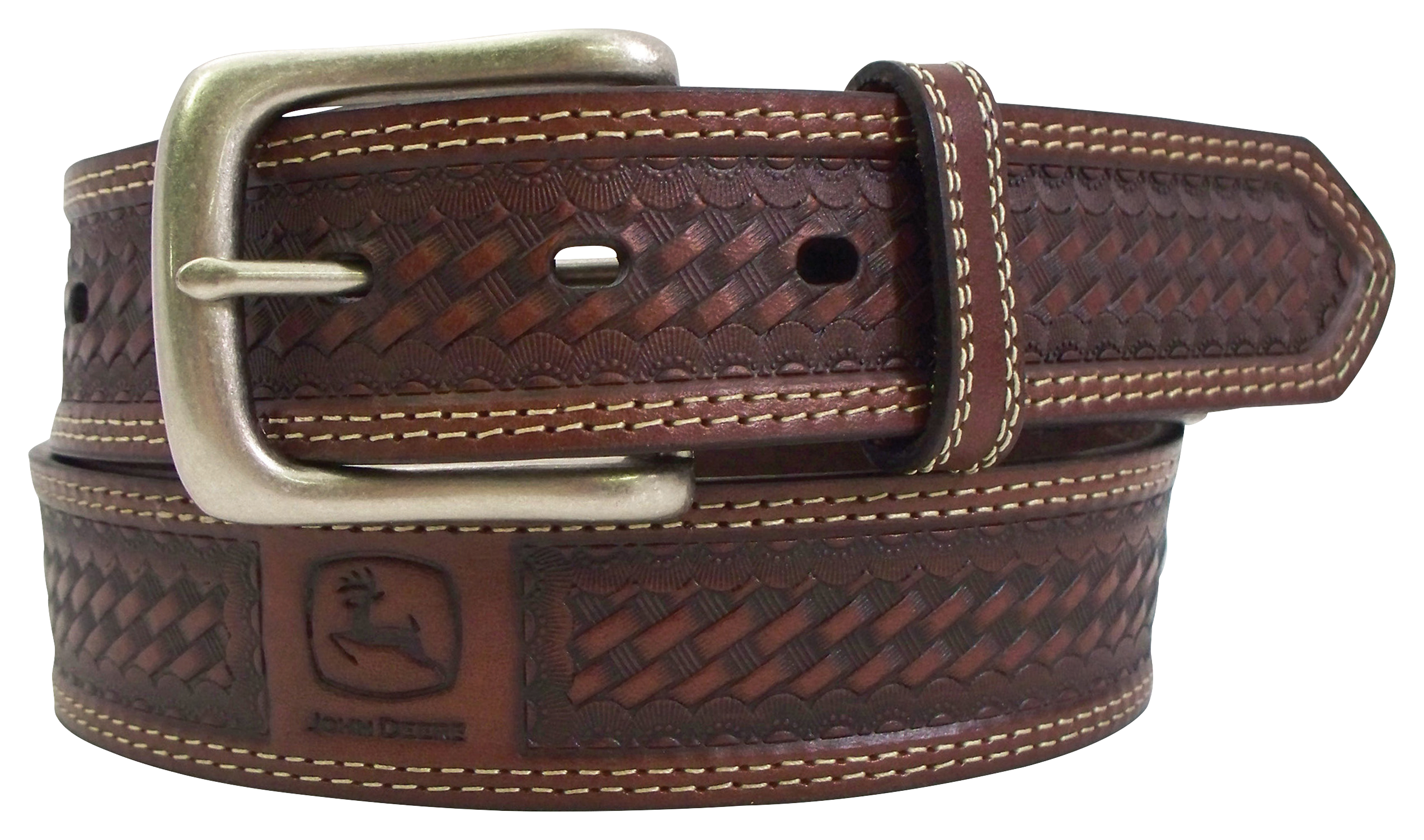 Image of John Deere 38mm Basketweave Genuine Leather Belt for Men - Tan - 32