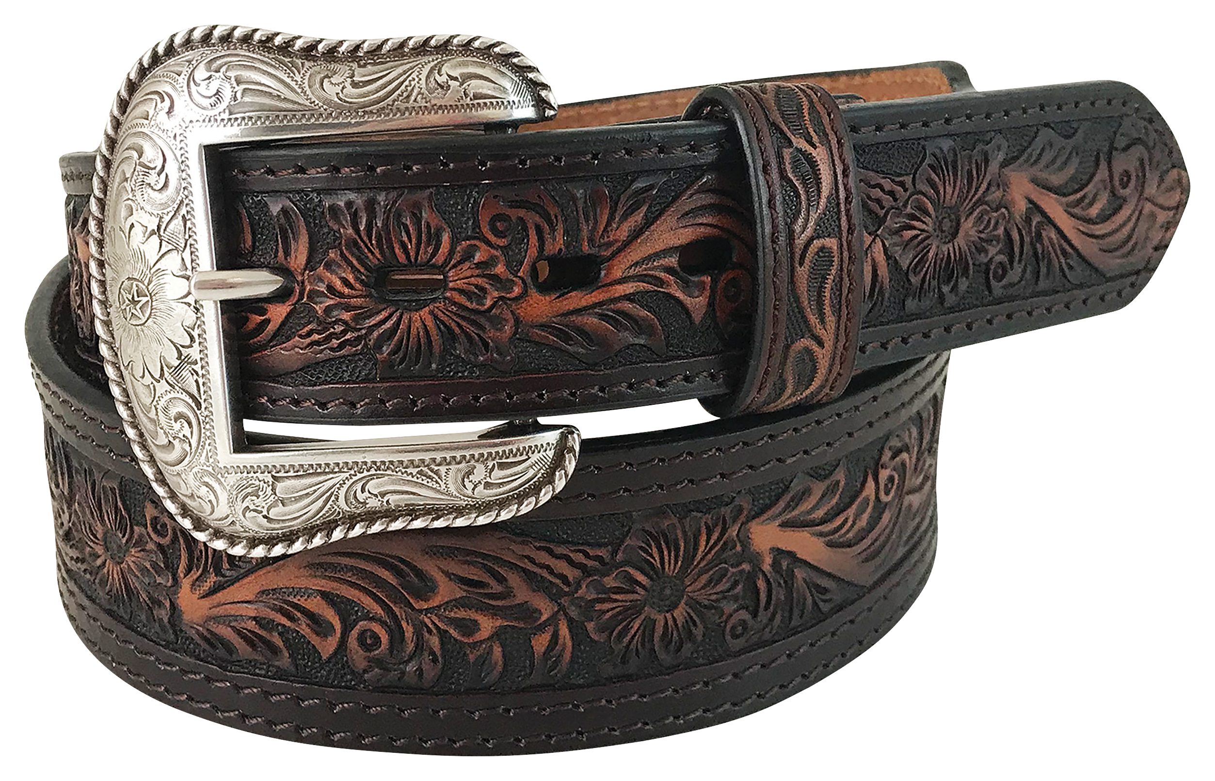 Image of Roper Tapered Handtooled Floral Genuine Leather Belt for Men - Brown