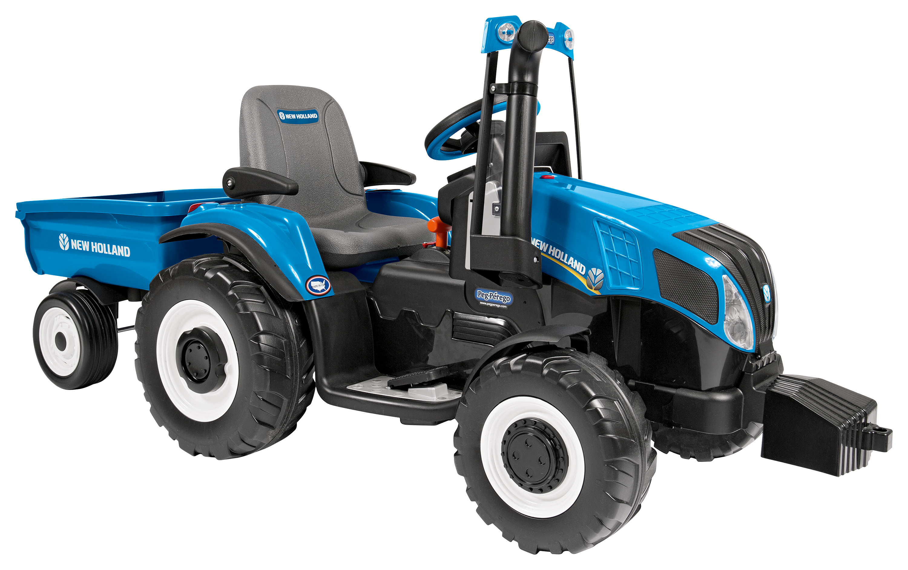 Peg Perego New Holland T8 Tractor Battery-Powered Ride-On Vehicle with Trailer for Kids
