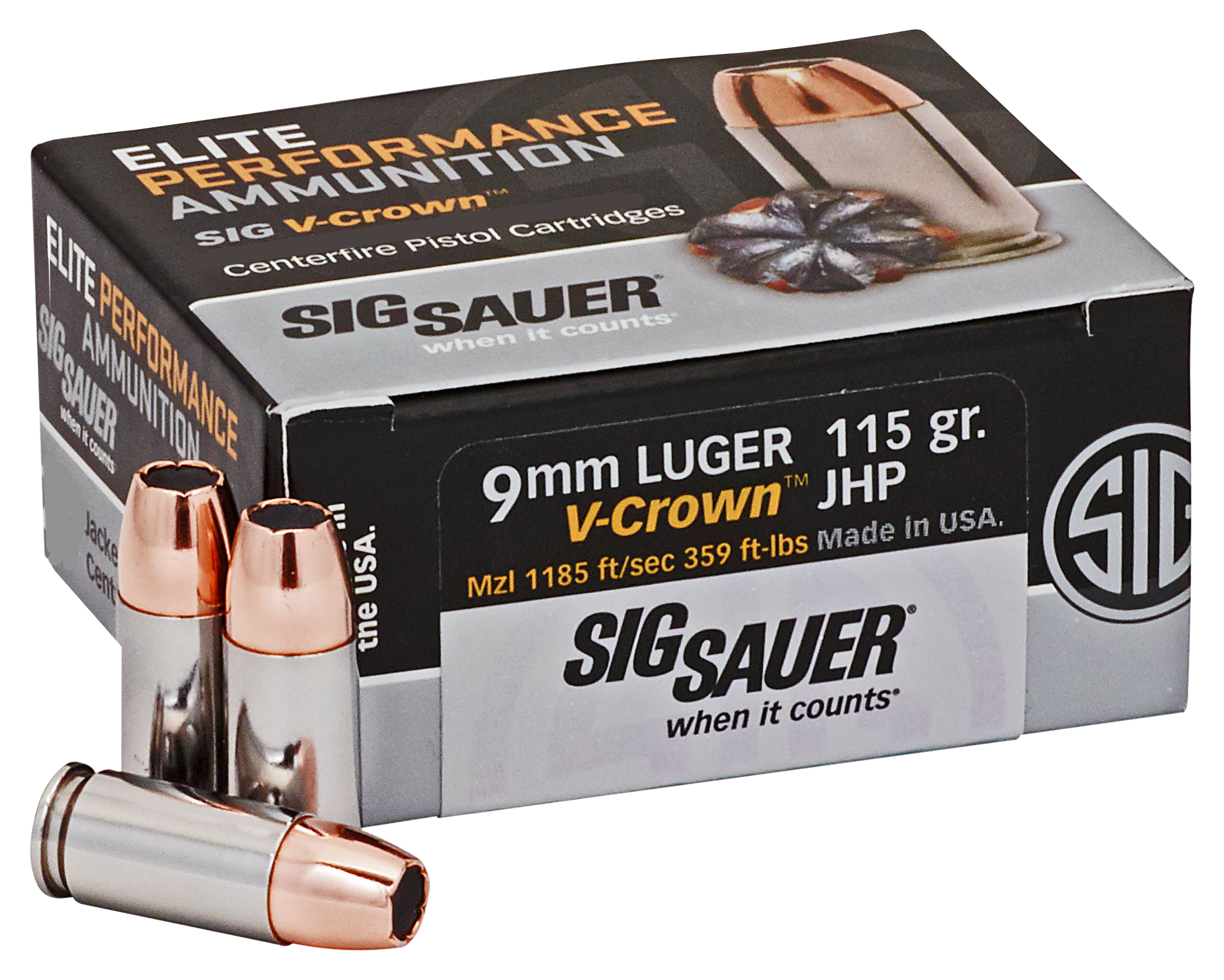 Sig Sauer Elite Performance JHP 9mm Luger 115 Grain V-Crown Handgun Ammo
