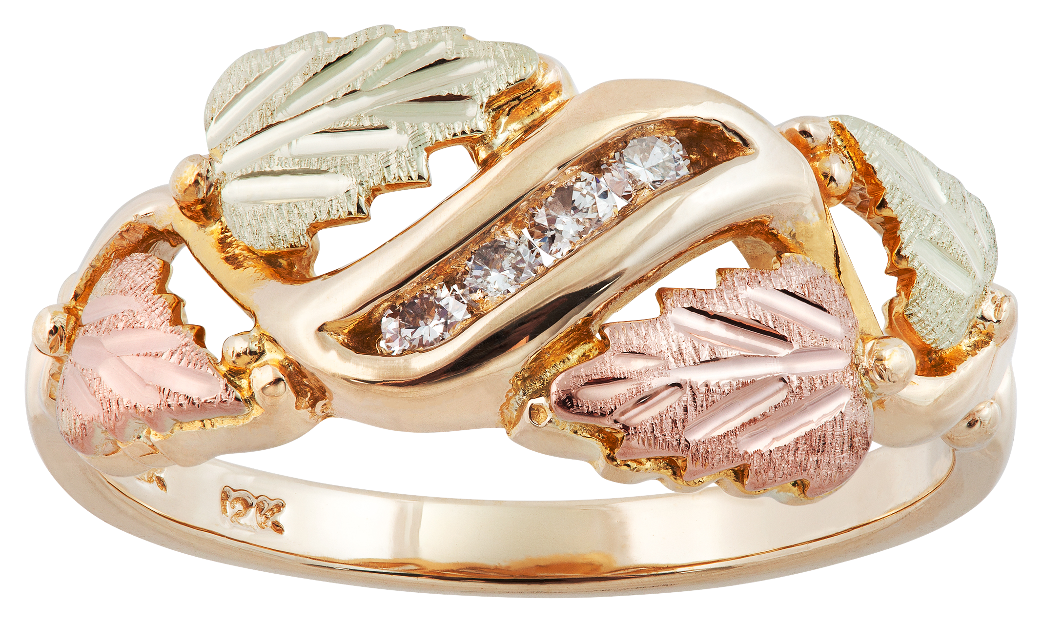 Image of TR Jewelry Concepts Mt. Rushmore Black Hills Gold with Green and Rose Gold Leaves Diamond Ring for Ladies - 6