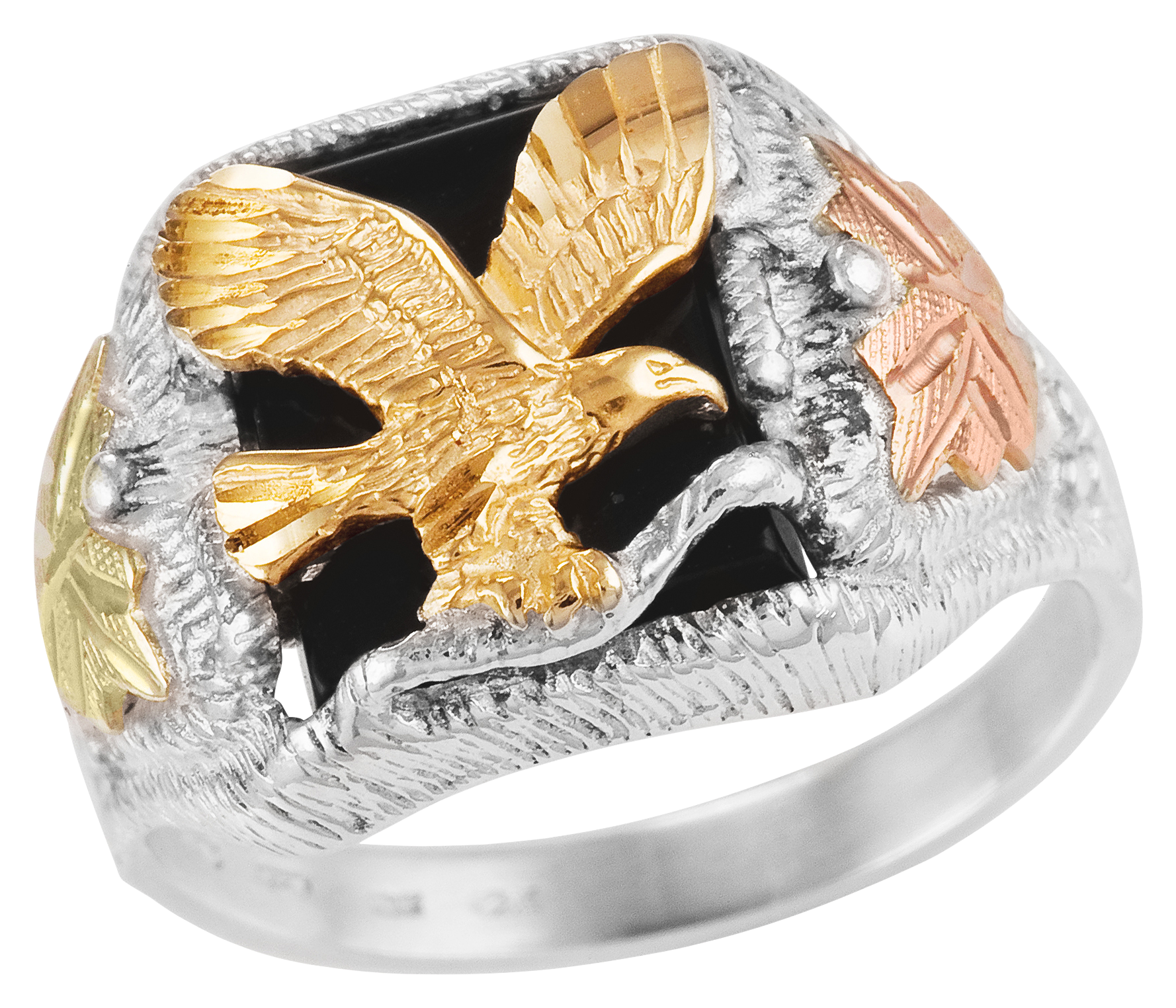 Image of Mt. Rushmore Black Hills Gold Sterling Silver Flying Eagle Onyx Ring for Men - 10