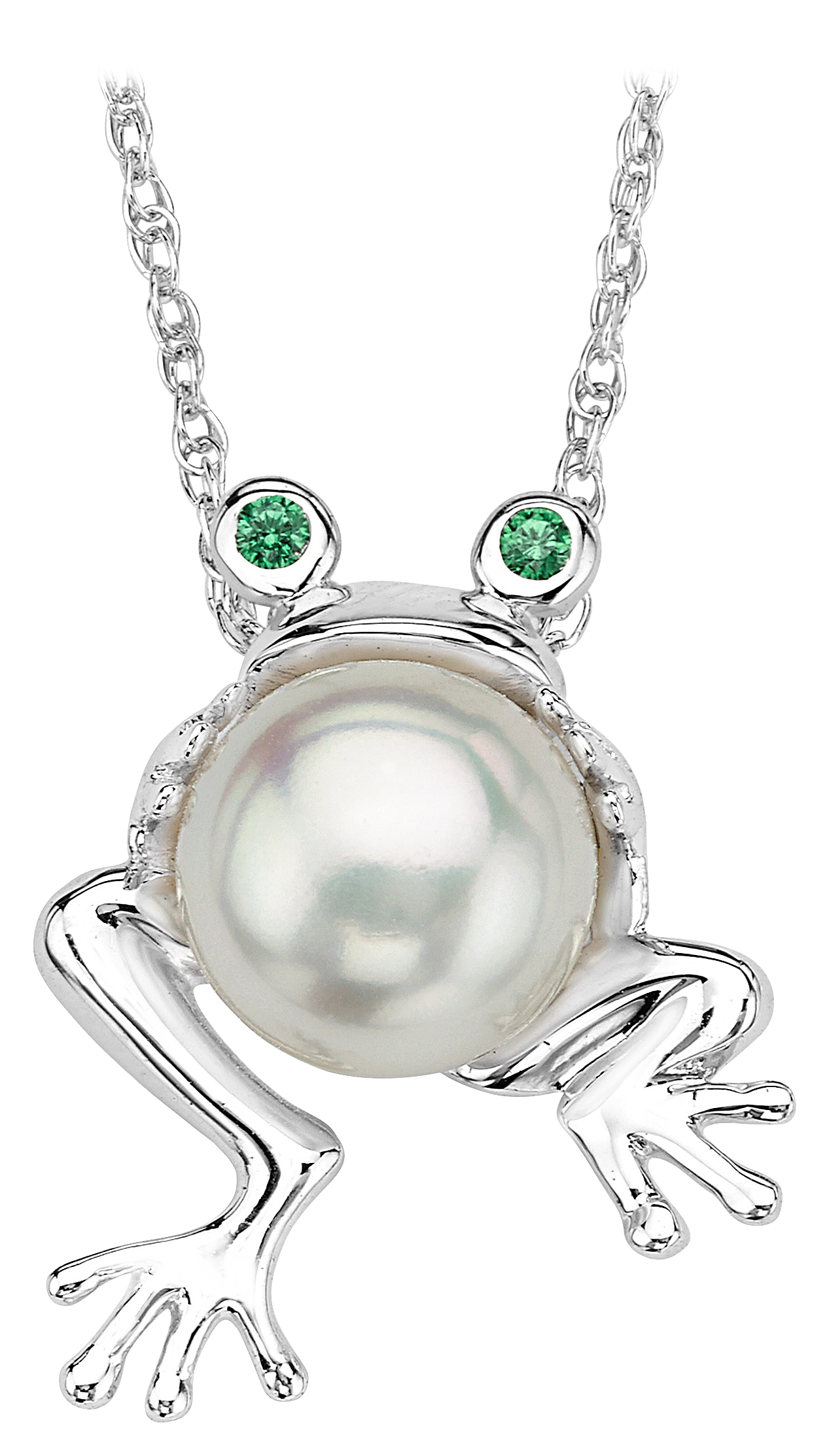 Image of TR Jewelry Concepts Silver Elegance Pearl Frog with Green Cubic Zirconia Eyes Pendant Sterling Silver Necklace