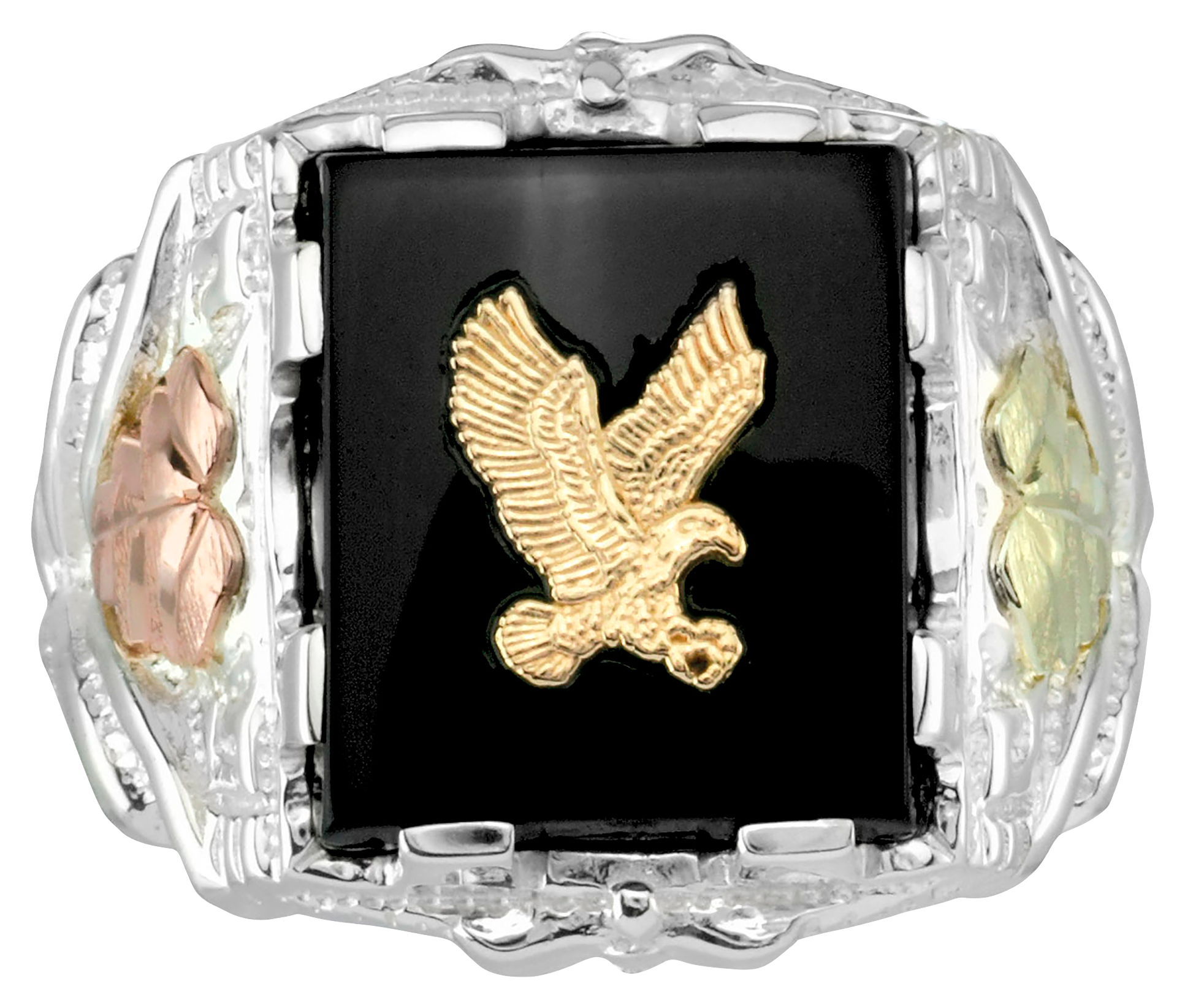 Black Hills Gold Eagle Rectangular Onyx Gold on Sterling Silver Ring for Men - 11