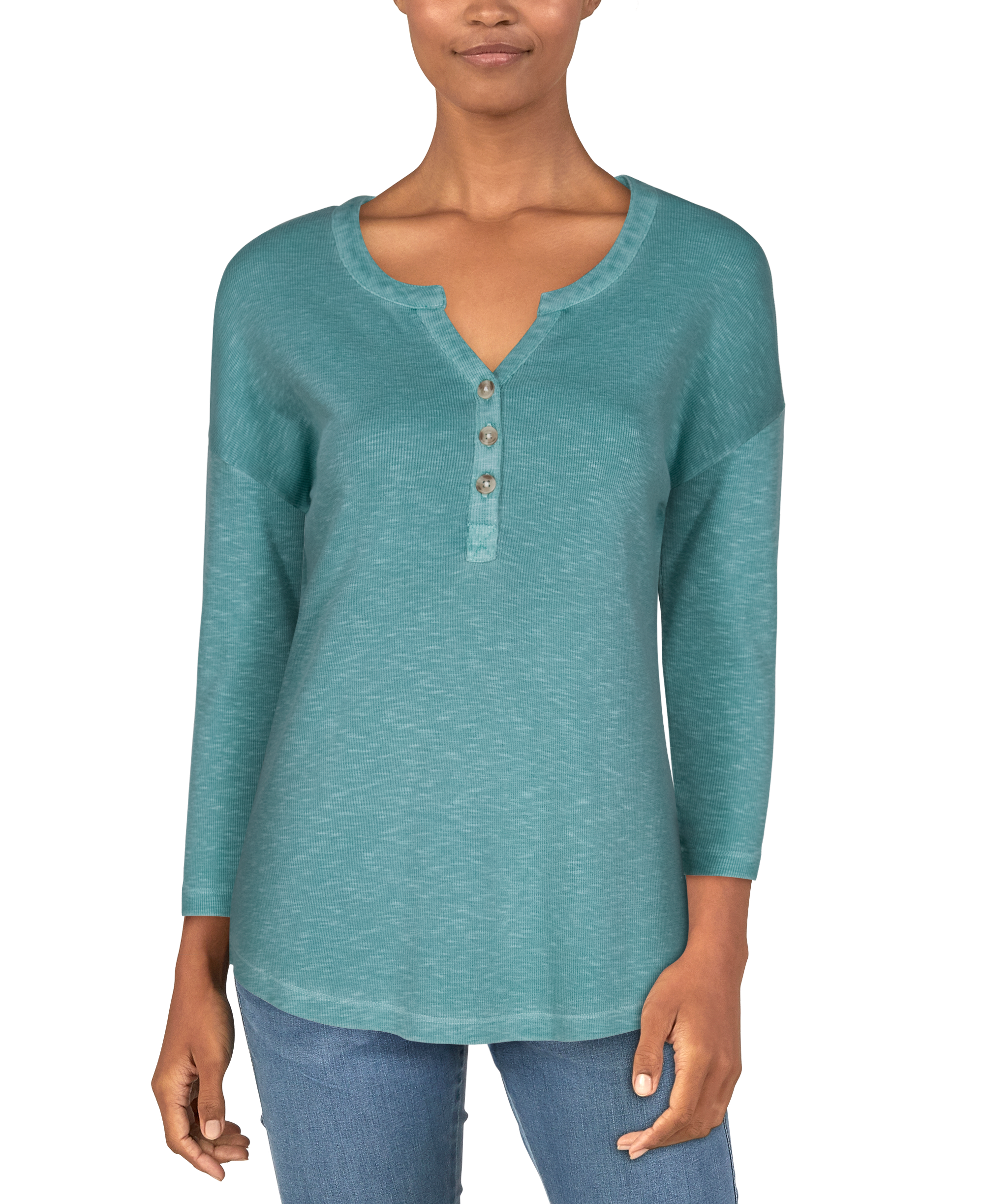 Natural Reflections Rib Long-Sleeve Henley for Ladies - Teal - 2X product image