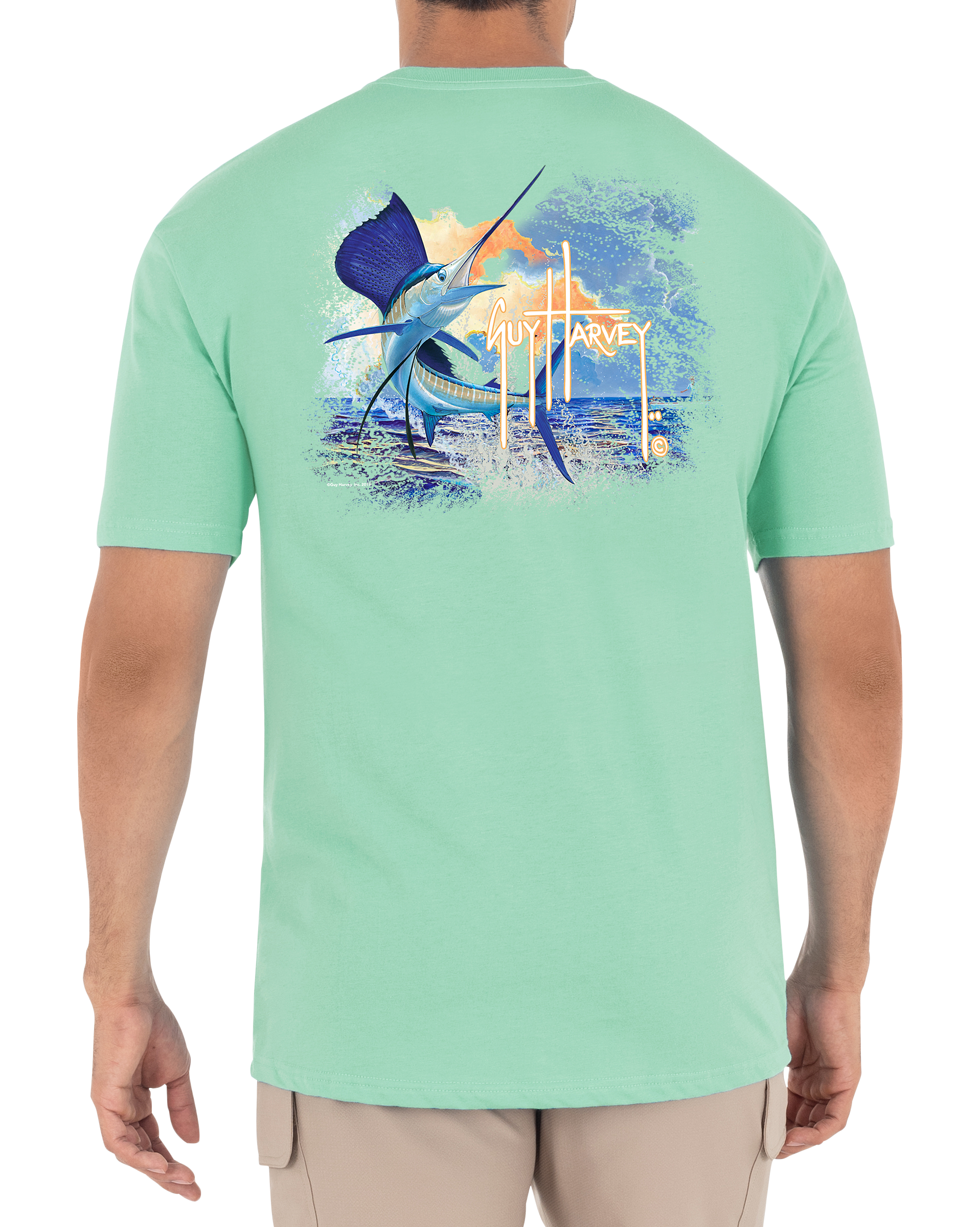 Image of Guy Harvey Sunset Sailfish Short-Sleeve T-Shirt For Men - Beach Glass