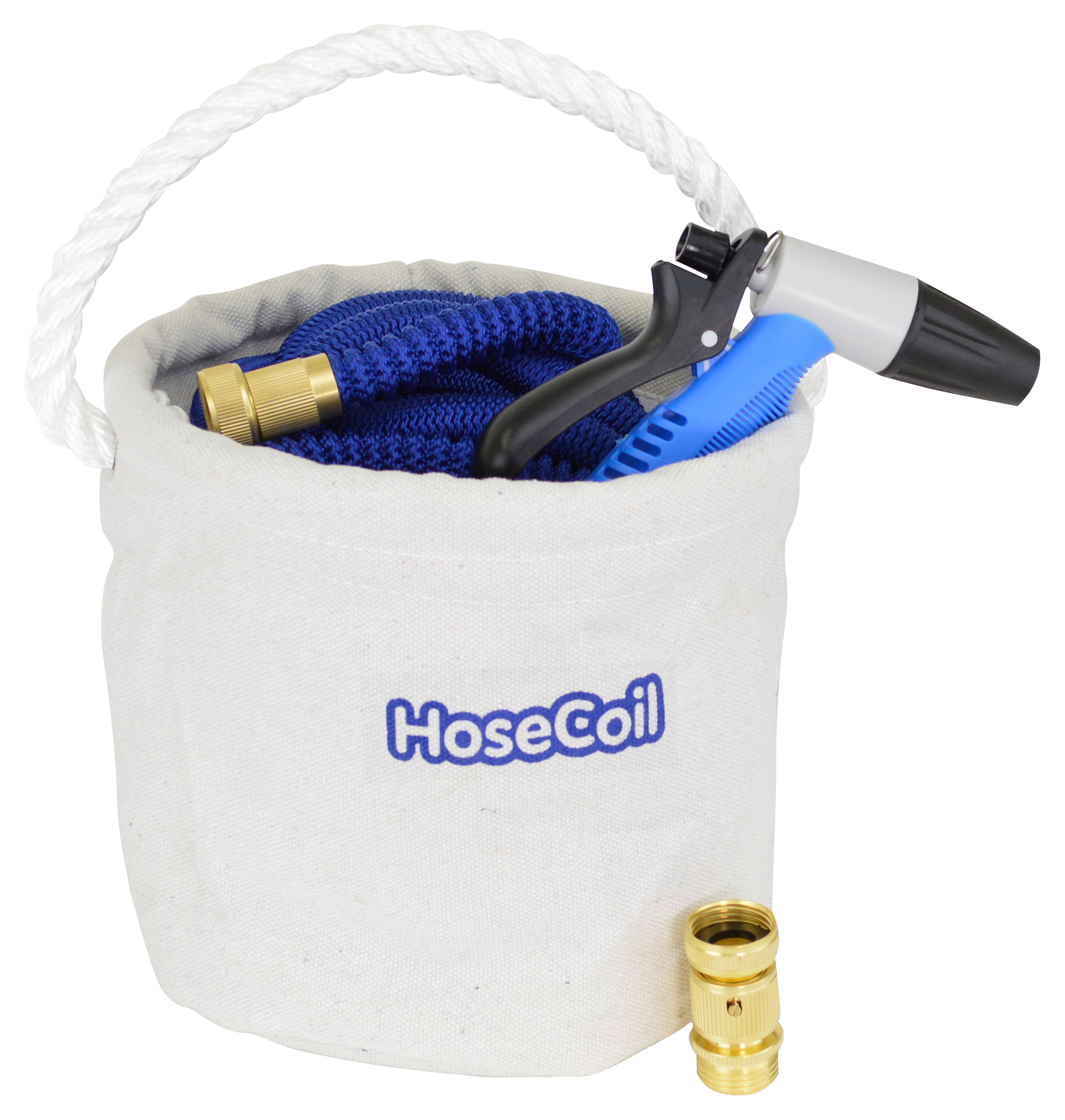 Hosecoil Canvas Bucket Kit with 75' Expandable Hose, Rubber-Tip Nozzle, and Quick Release