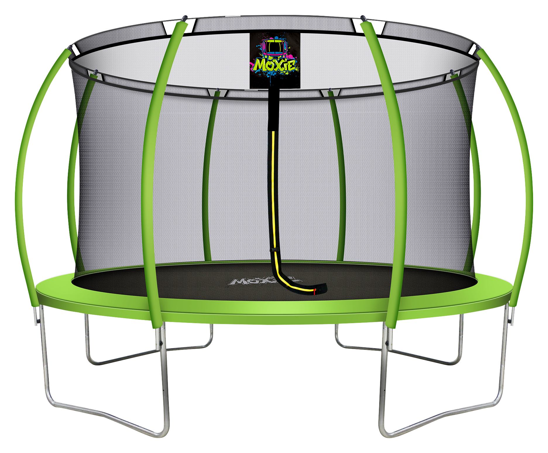 Image of Moxie Pumpkin-Shaped Outdoor Trampoline Set with Premium Top-Ring Frame Safety Enclosure - Green Apple - 12'