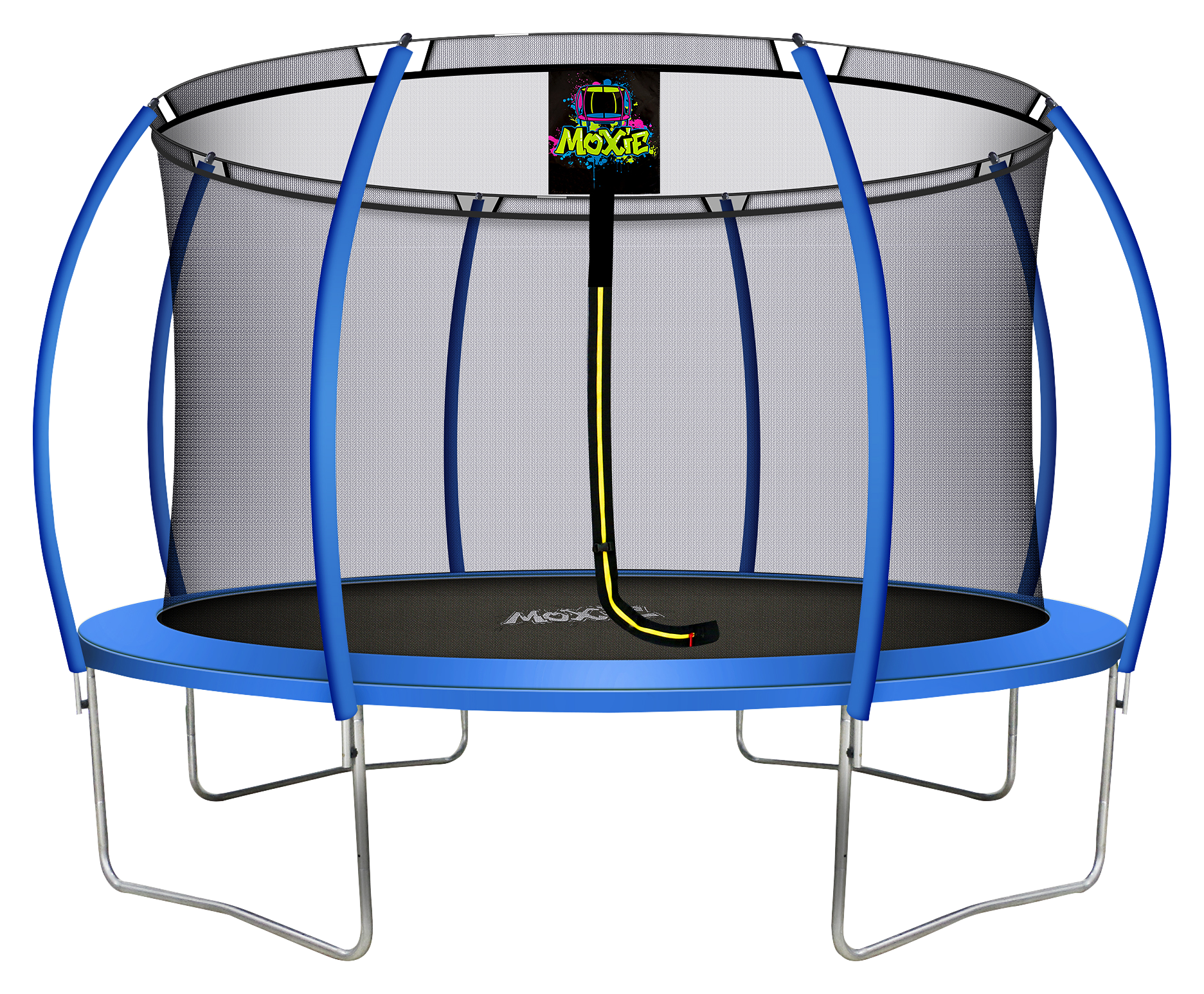 Image of Moxie Pumpkin-Shaped Outdoor Trampoline Set with Premium Top-Ring Frame Safety Enclosure - Blue - 12'