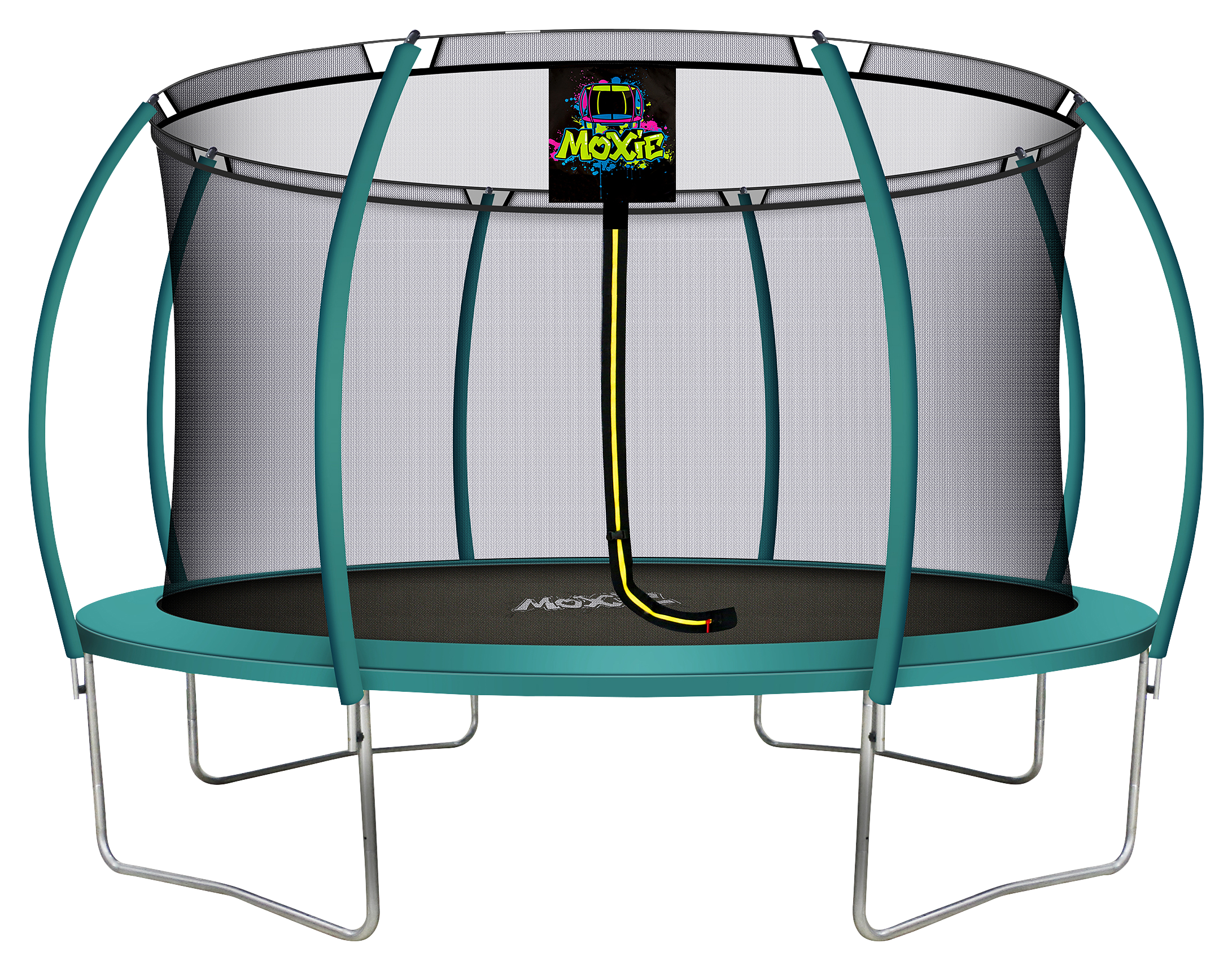 Image of Moxie Pumpkin-Shaped Outdoor Trampoline Set with Premium Top-Ring Frame Safety Enclosure - Dark Green - 14'