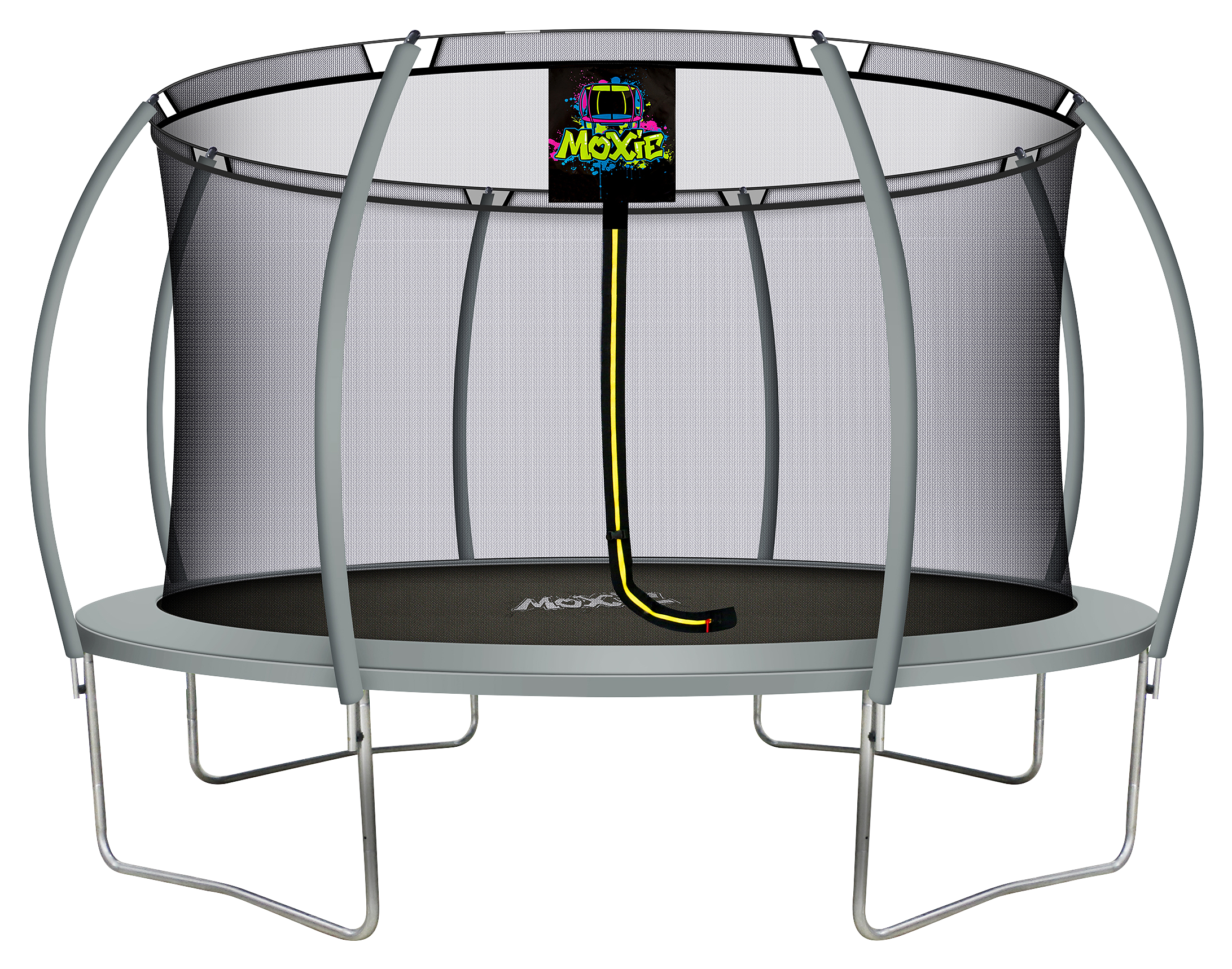 Image of Moxie Pumpkin-Shaped Outdoor Trampoline Set with Premium Top-Ring Frame Safety Enclosure - Grey - 14'