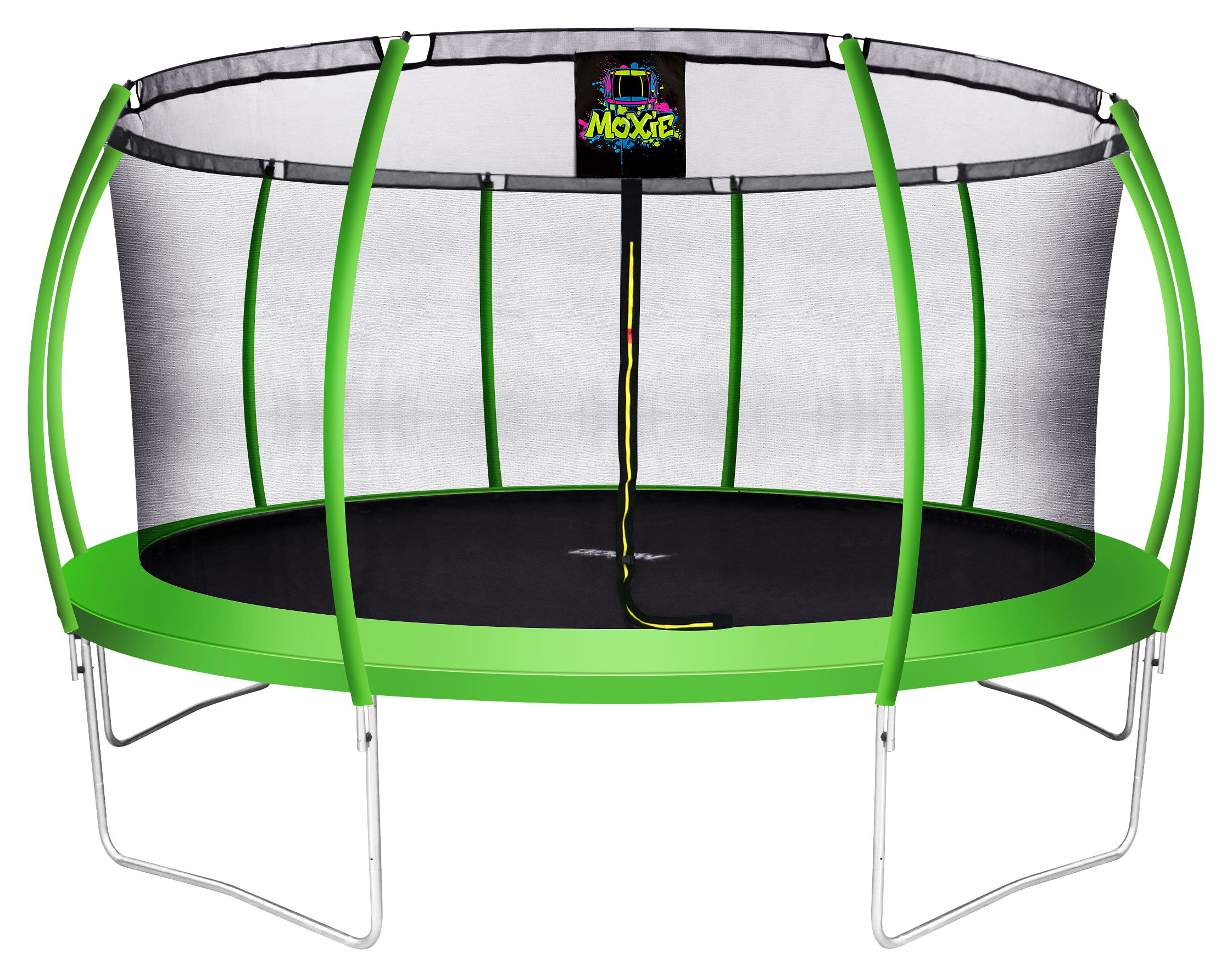 Image of Moxie Pumpkin-Shaped Outdoor Trampoline Set with Premium Top-Ring Frame Safety Enclosure - Green Apple - 15'