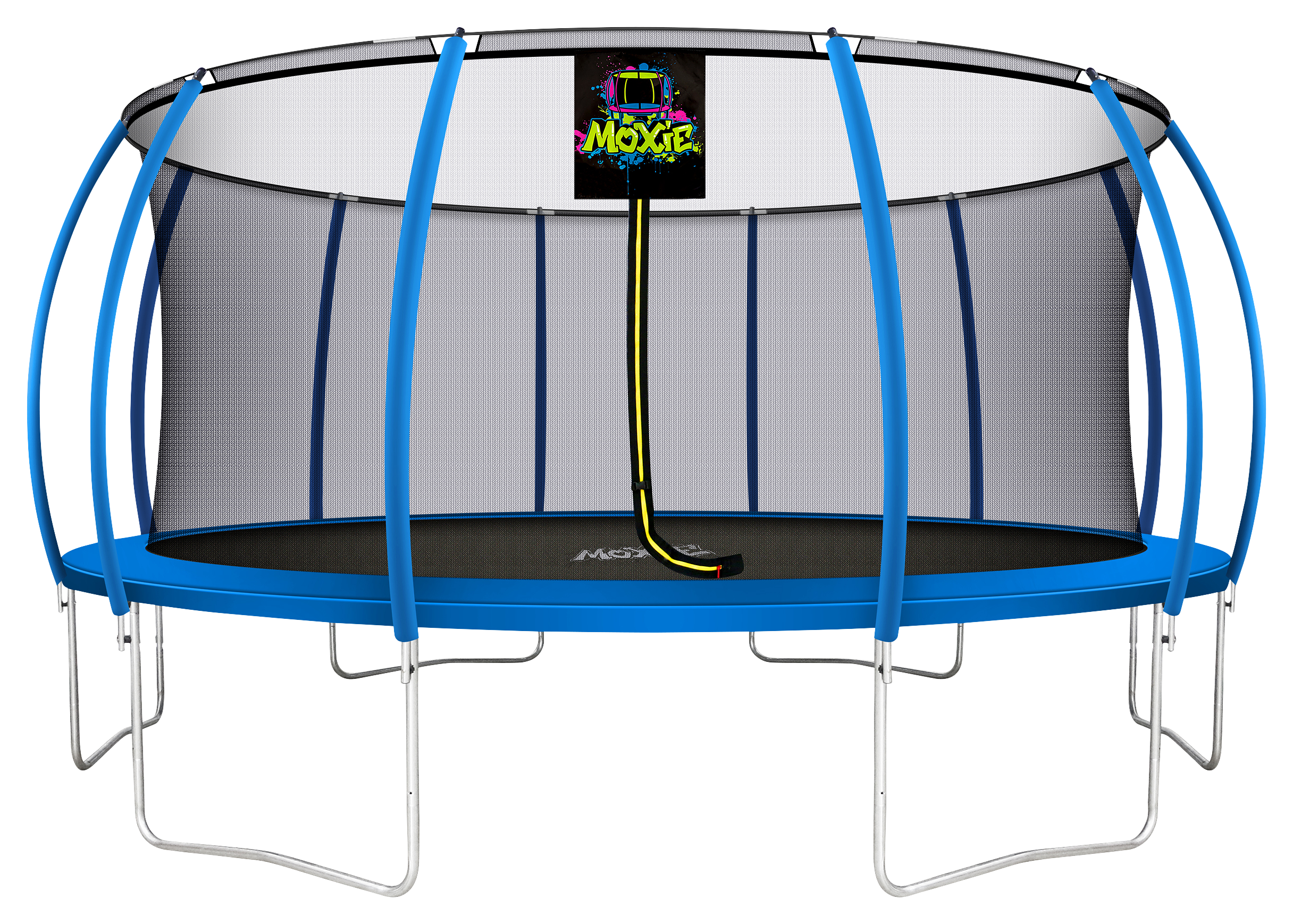 Image of Moxie Pumpkin-Shaped Outdoor Trampoline Set with Premium Top-Ring Frame Safety Enclosure - Blue - 16'