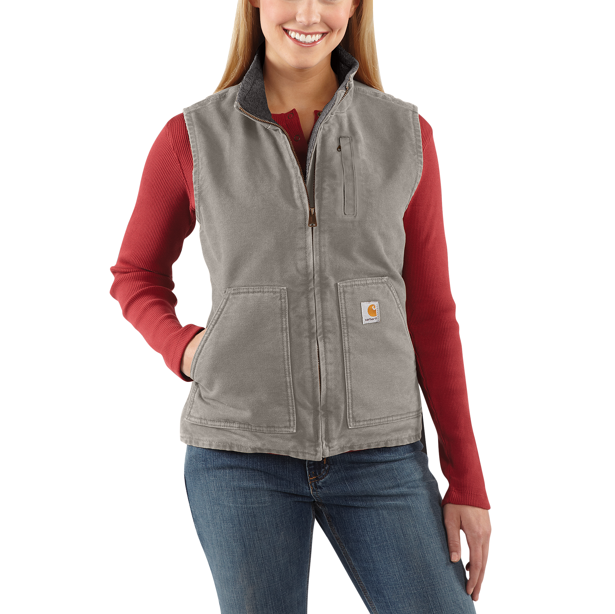 Image of Carhartt Washed Duck Sherpa-Lined Mock-Neck Relaxed-Fit Vest for Ladies - Taupe Gray