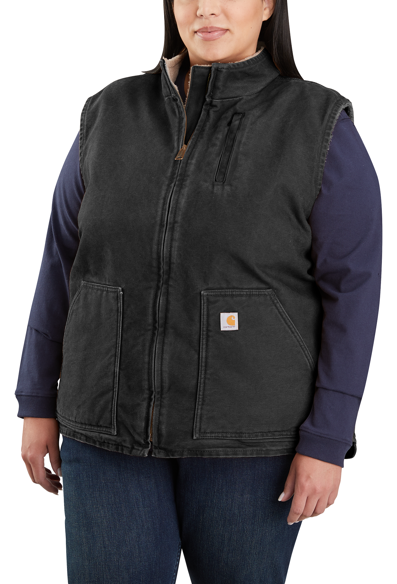 Image of Carhartt Washed Duck Sherpa-Lined Mock-Neck Relaxed-Fit Vest for Ladies - Black - 1X