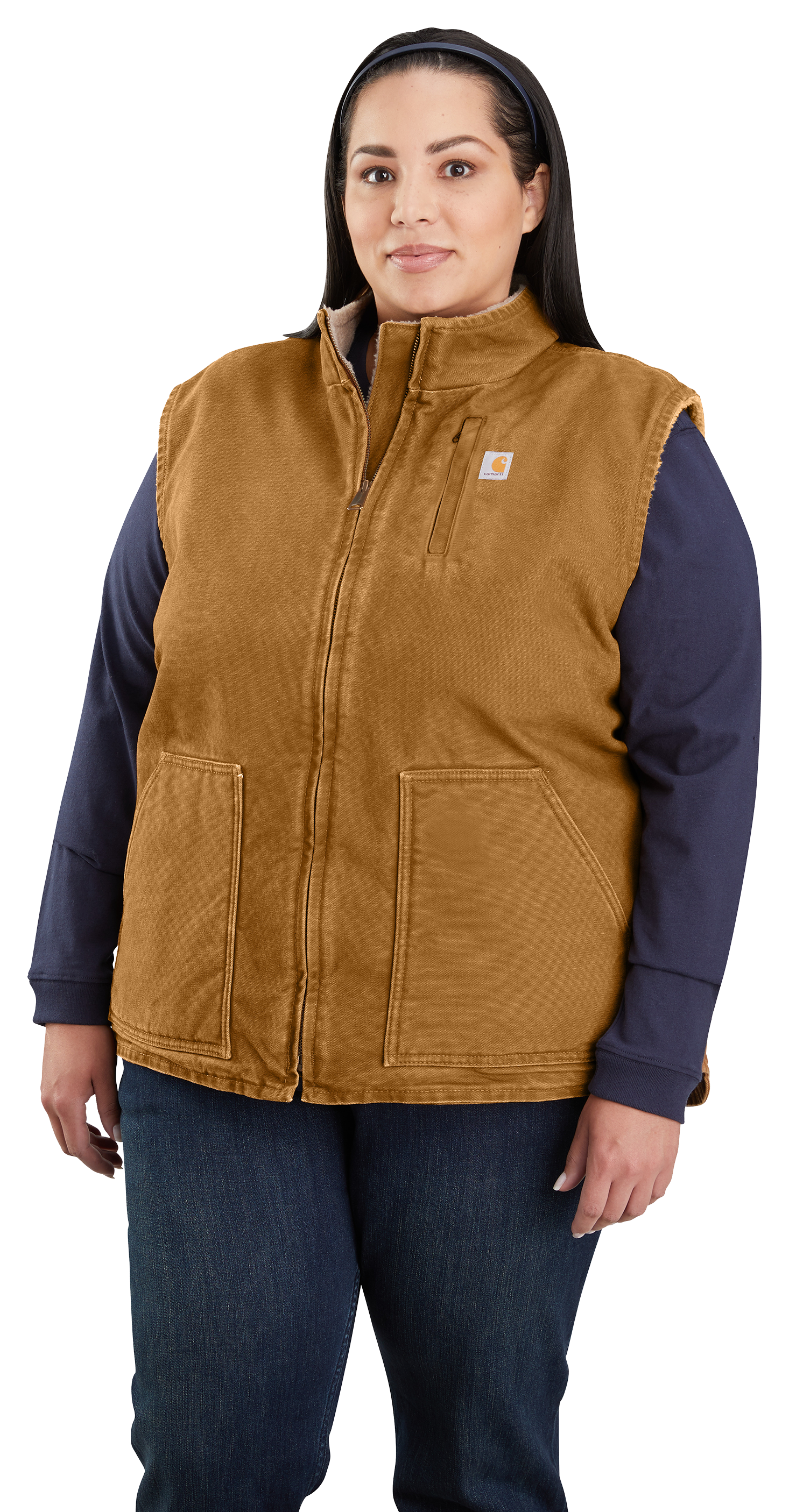 Image of Carhartt Washed Duck Sherpa-Lined Mock-Neck Relaxed-Fit Vest for Ladies - Carhartt Brown - 2X