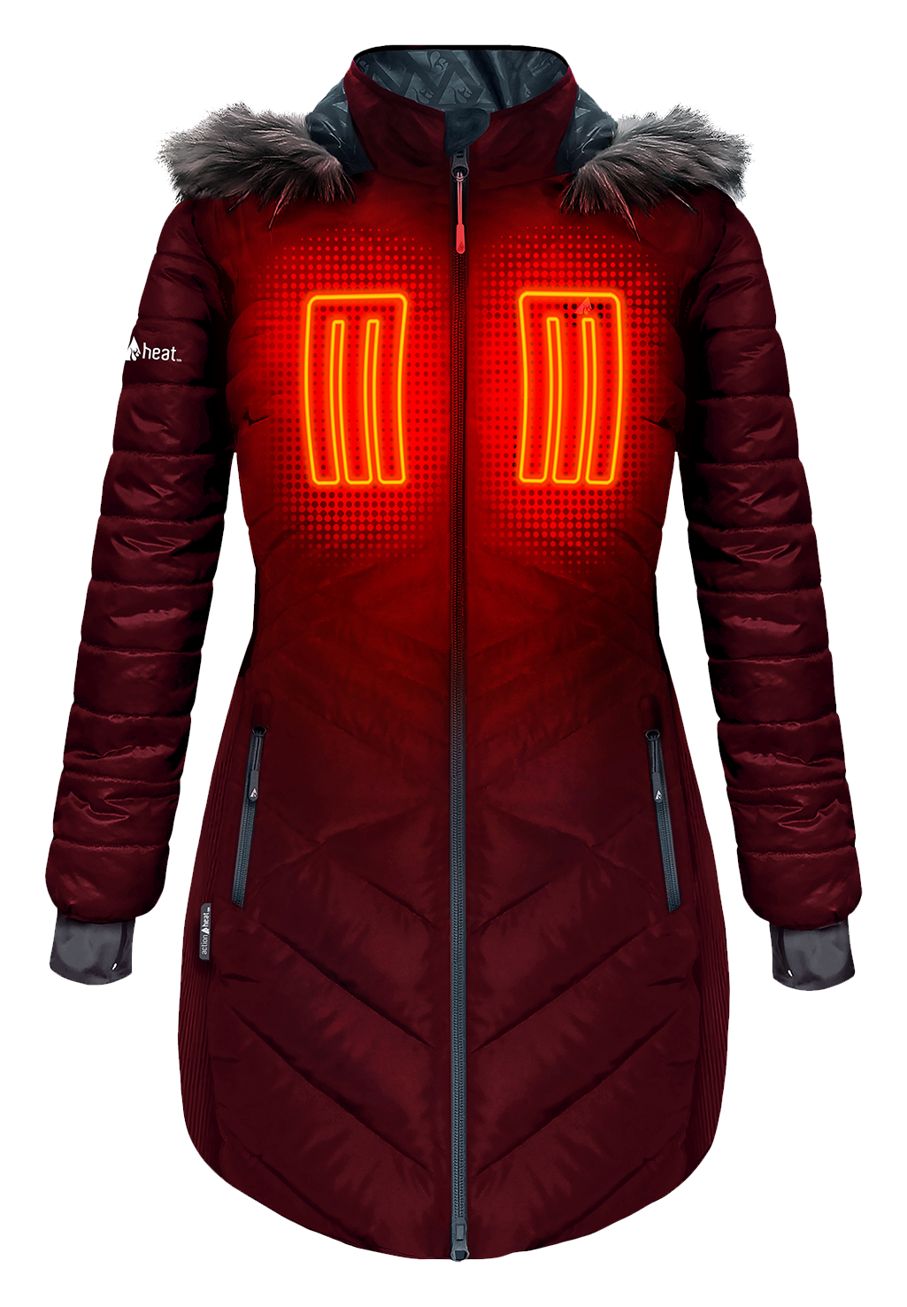 ActionHeat 5V Heated Long Puffer Jacket with Hood for Ladies - Wine