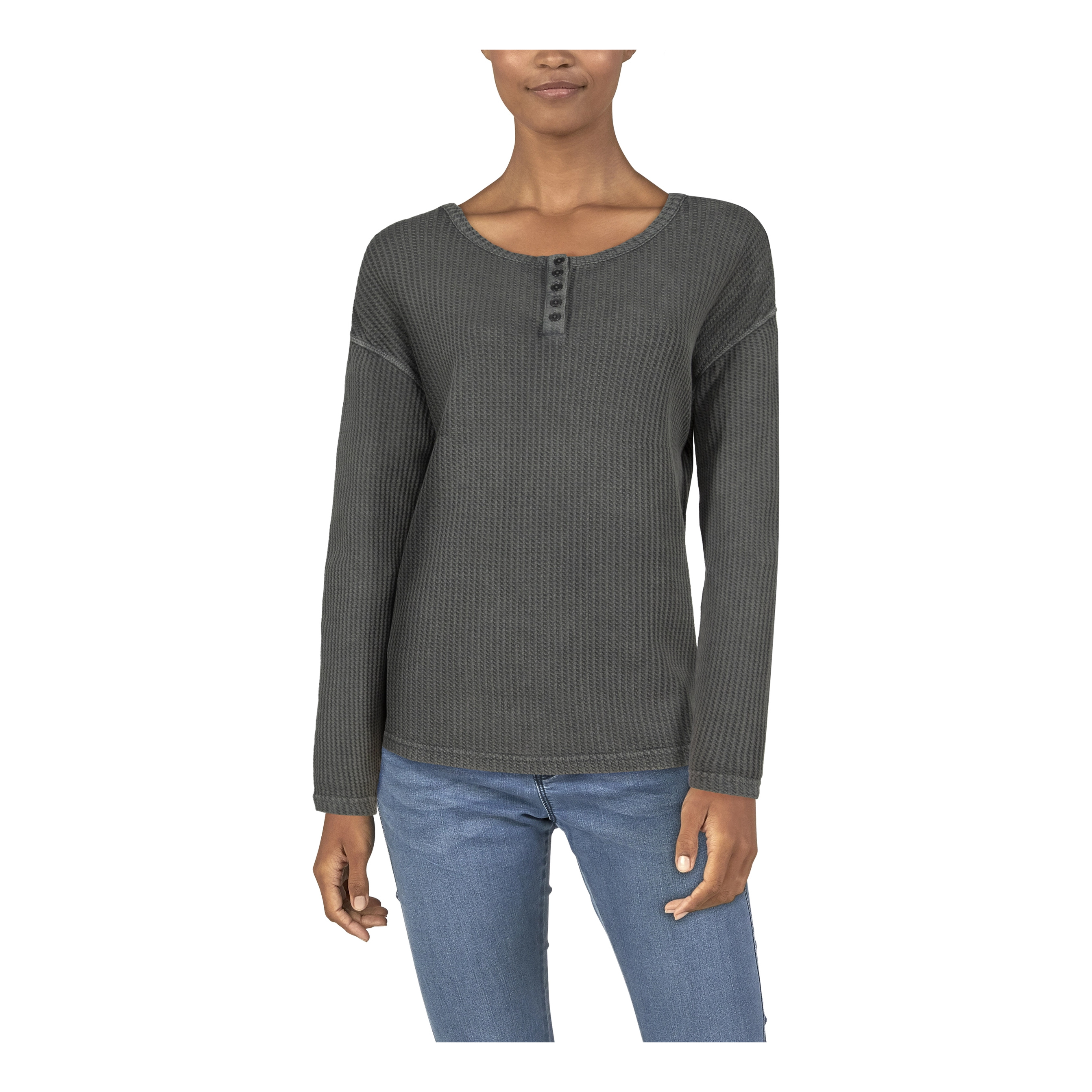 Natural Reflections Acid Wash Thermal Long-Sleeve Henley for Ladies - Gunmetal - 2X product image