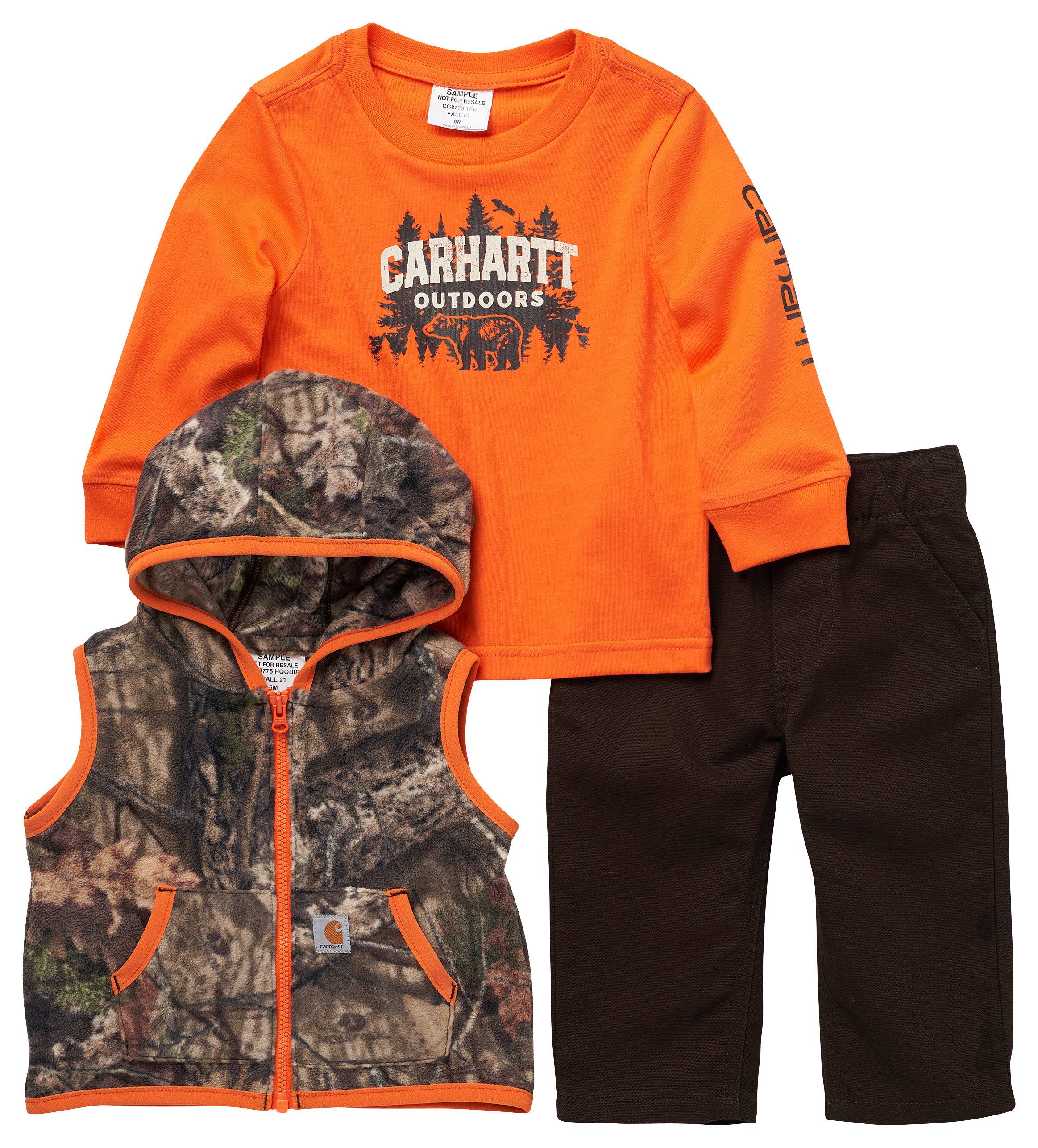 Image of Carhartt Knit Outdoors Graphic Long-Sleeve T-Shirt, Fleece Hooded Vest, and Canvas Work Pants Set for Babies - 18 Months
