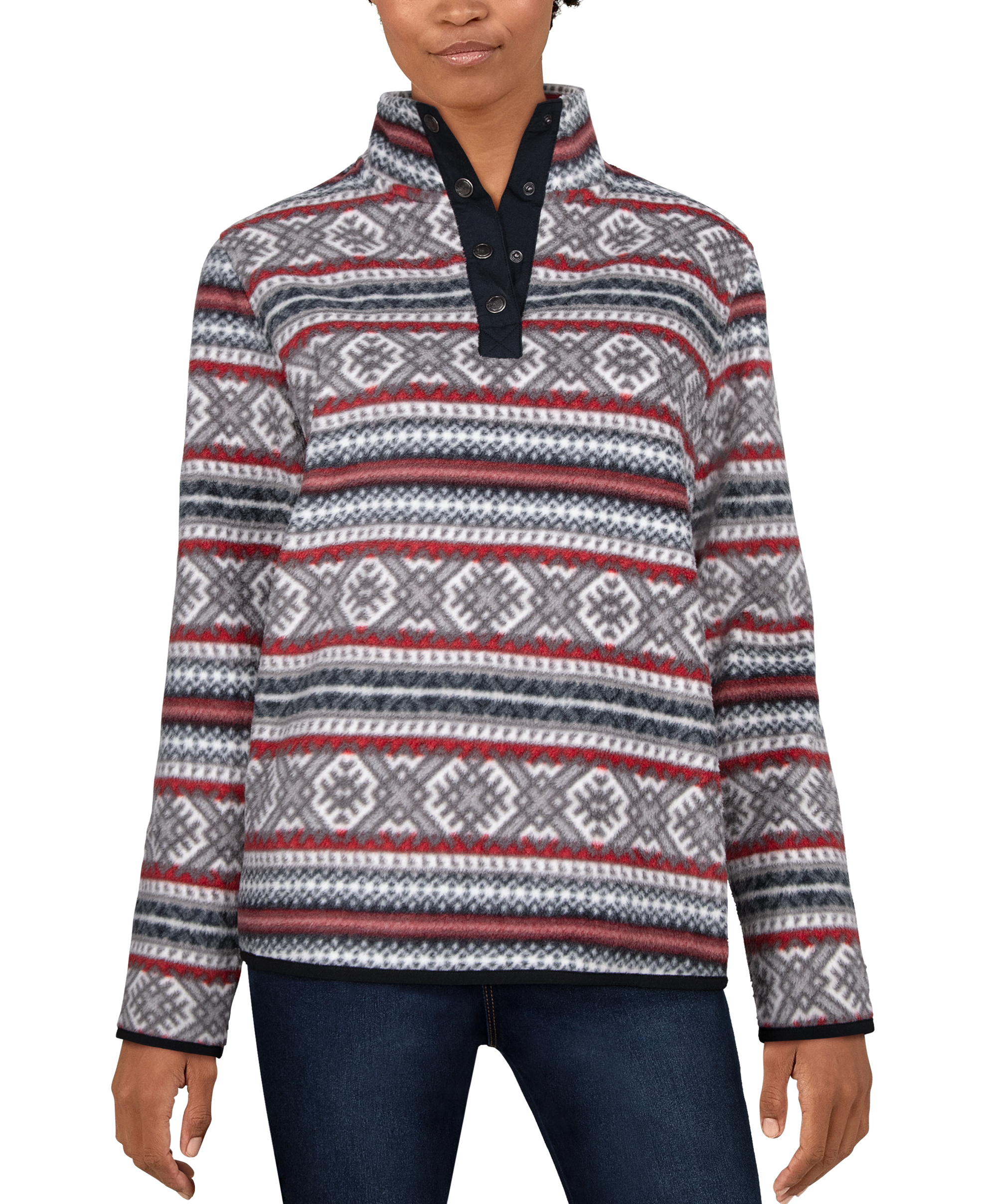 Natural Reflections Fleece Printed Quarter-Snap Long-Sleeve Pullover for Ladies - Red Gray Print - M product image